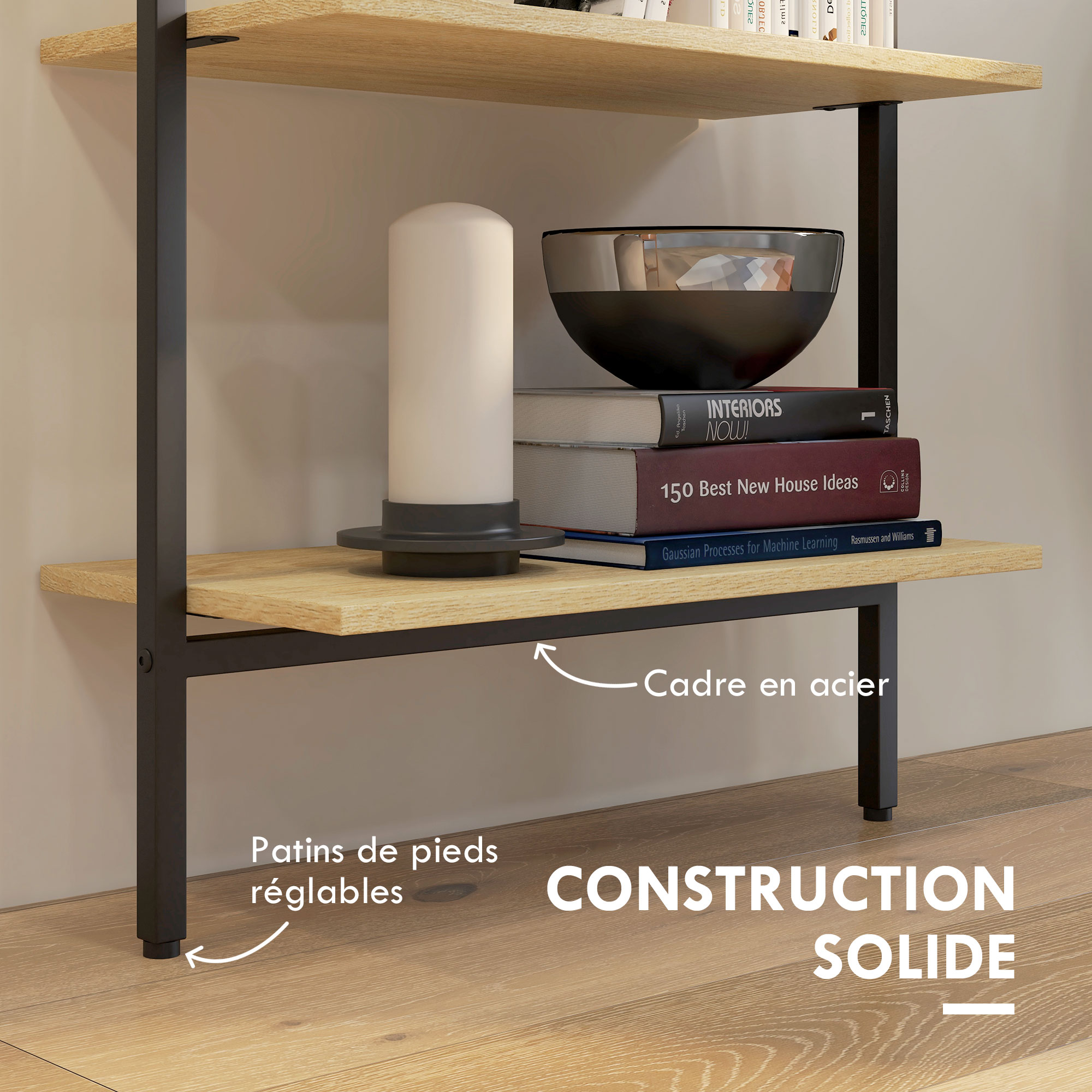 Étagère échelle 4 Niveaux En Métal Noir - 60x35x147 Cm - Rangement Salon, Chambre, Salle De Bain