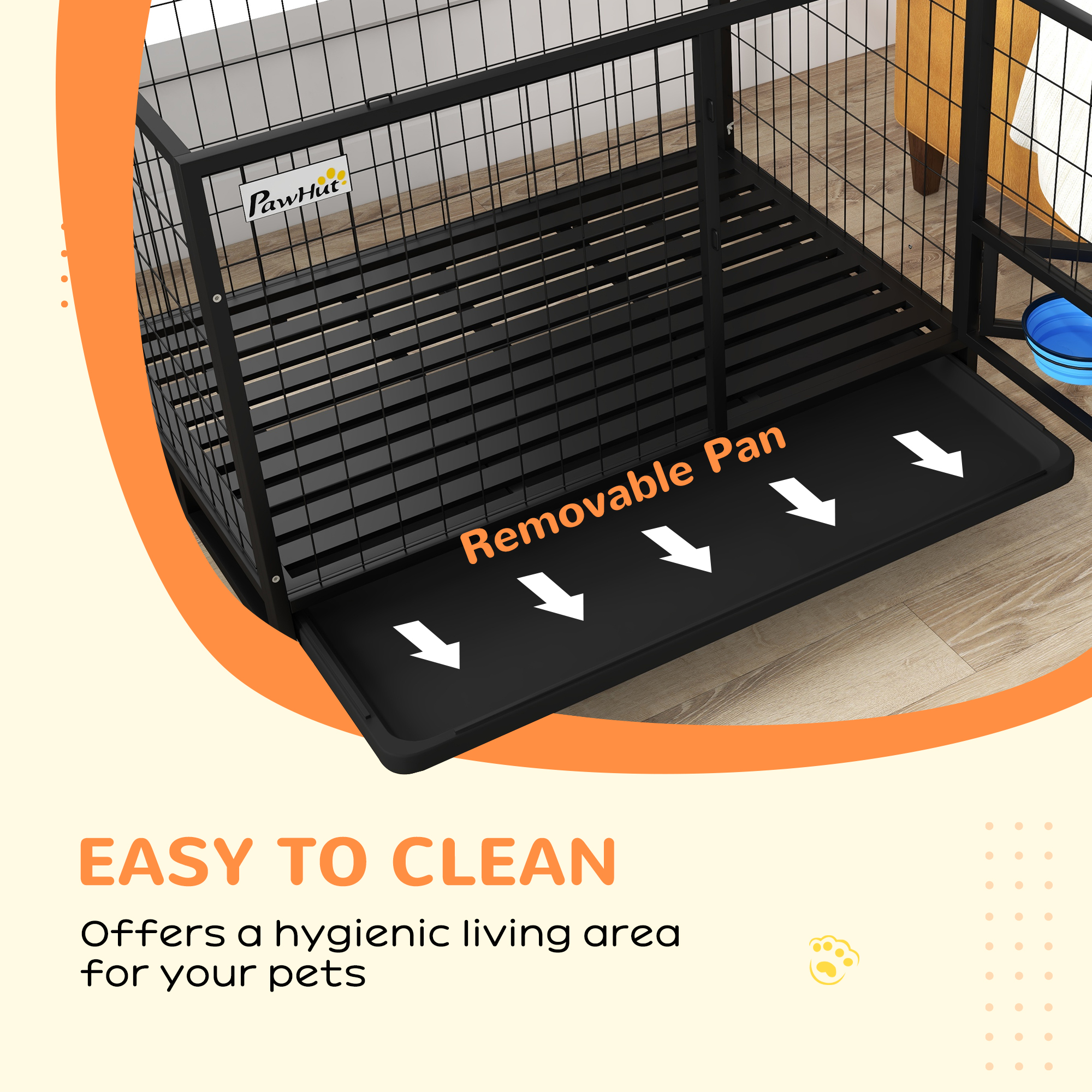 PawHut Heavy Duty Dog Crate on Wheels w/ Bowl Holder, Removable Tray, Openable Top, Detachable Door, for L, XL Dogs 8