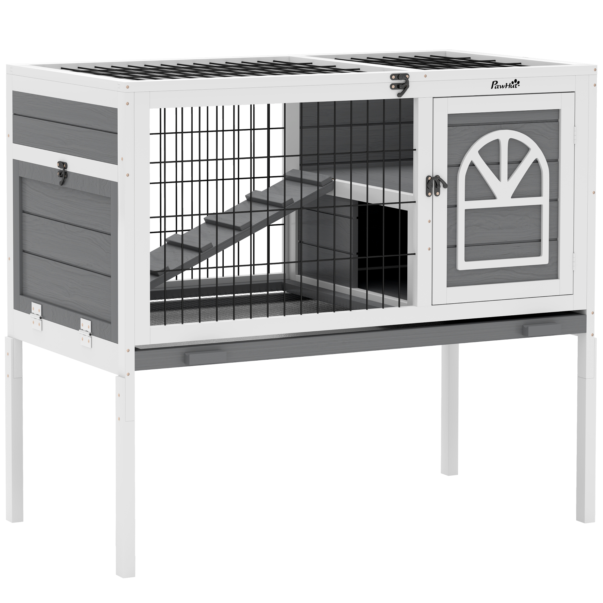 PawHut Wooden Rabbit Hutch, Guinea Pig Cage, with Removable Tray, Openable Roof