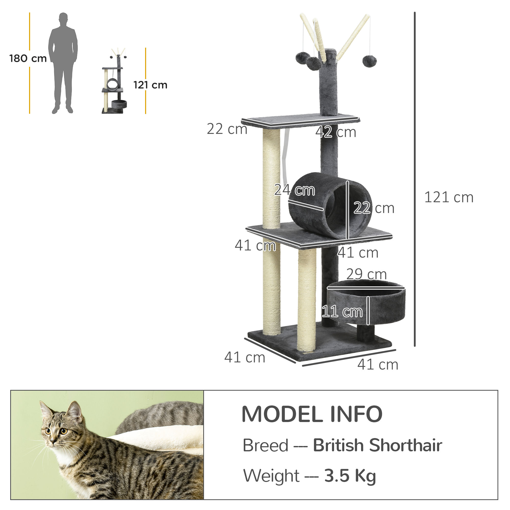 PawHut 121cm Cat Tree Tower for Indoor Cats Kitten Activity Centre Scratching Post with Bed Tunnel Perch Interactive Ball Toy Grey 3