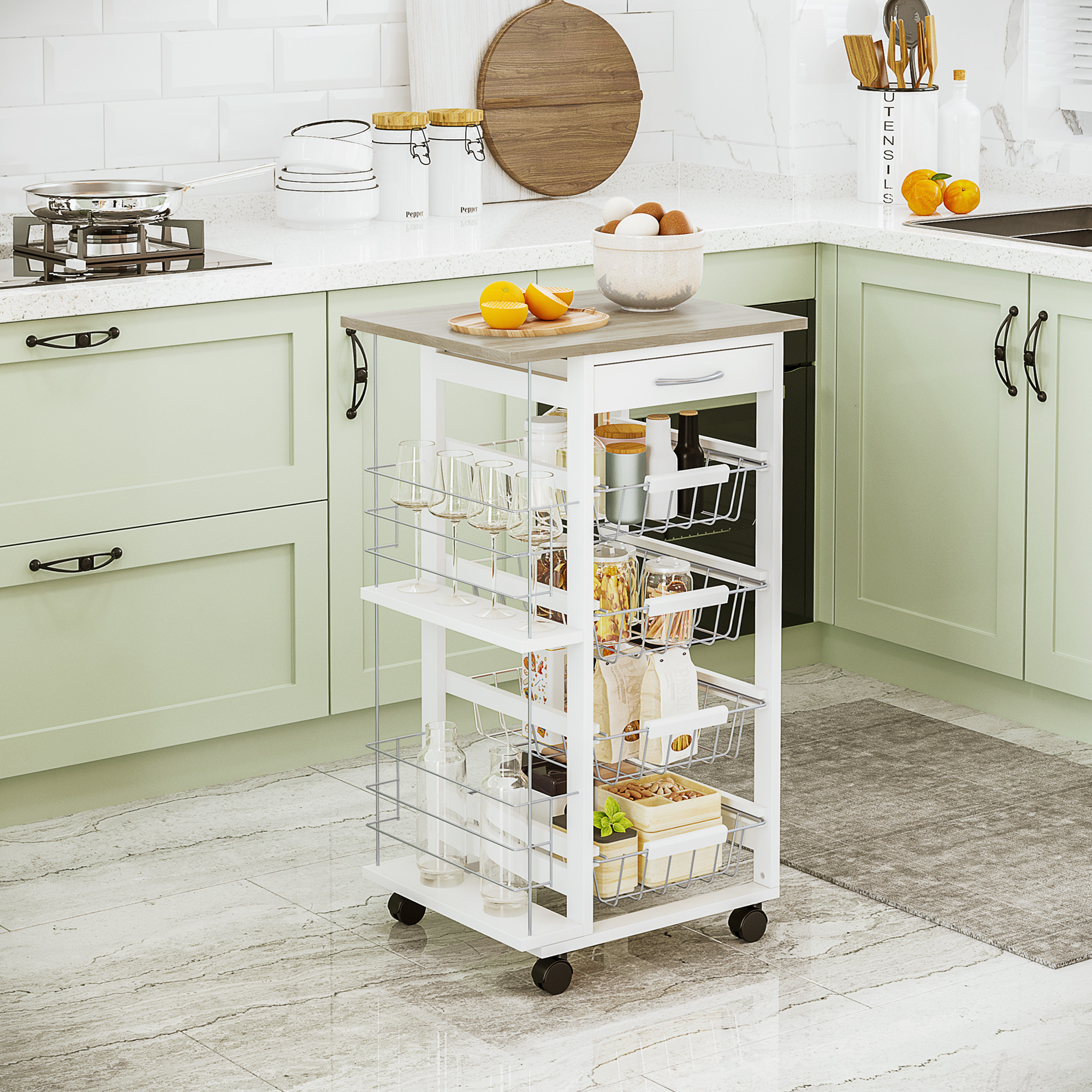 HOMCOM Rolling Kitchen Cart, Utility Storage Cart with 4 Basket Drawers & Side Racks, Wheels for Dining Room, Natural and White 2