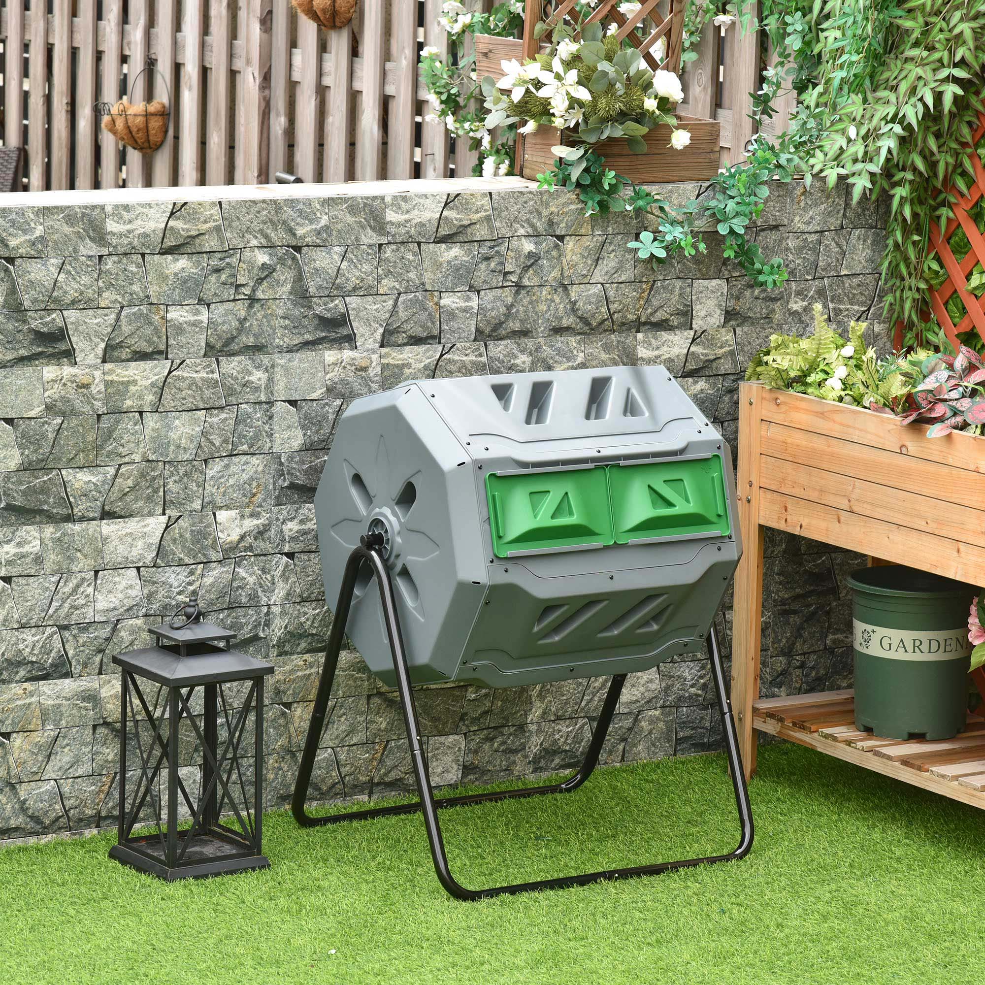 Outsunny 160L 360° Rotating Dual Chamber Composter Grey 2