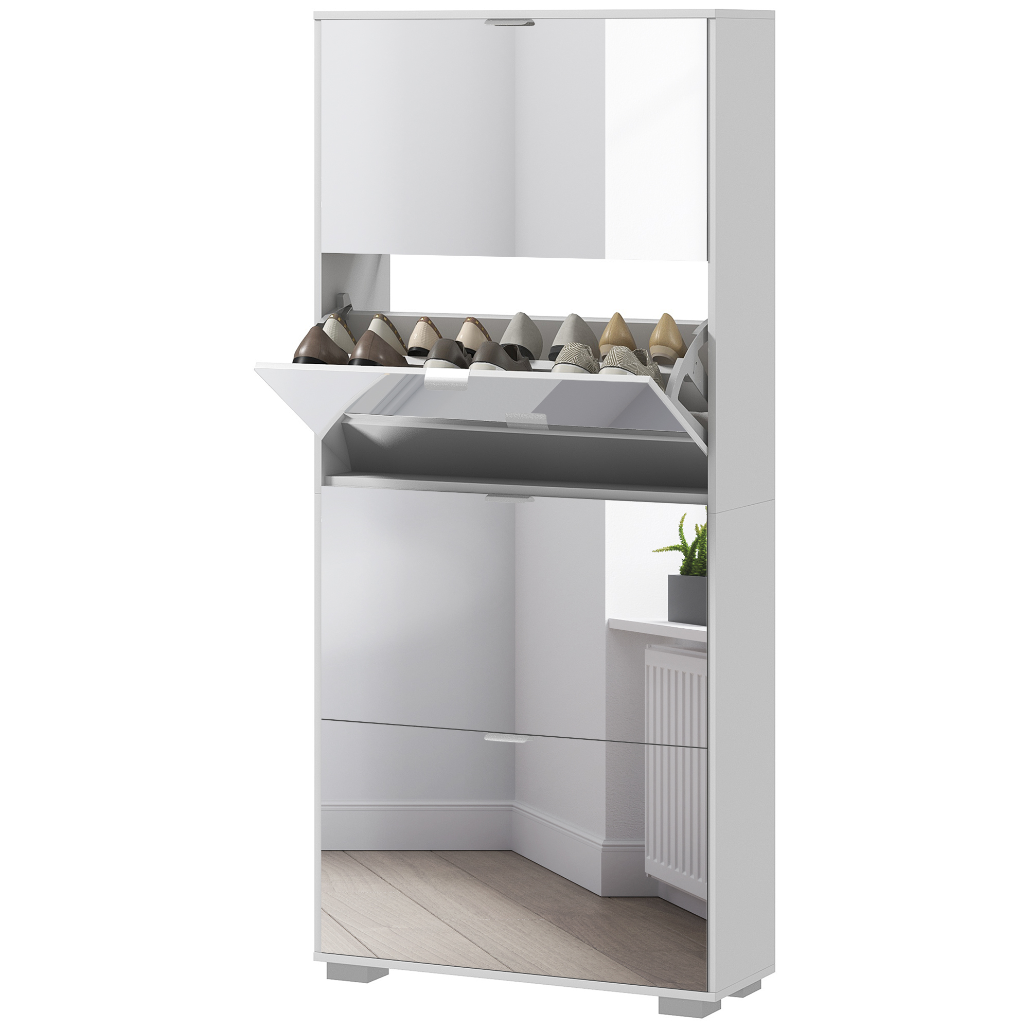 HOMCOM Meuble à chaussures 2 en 1 façades miroir 4 portes abattants, étagères réglables, jusqu'à 24 paires, 76l x 26P x 168H cm