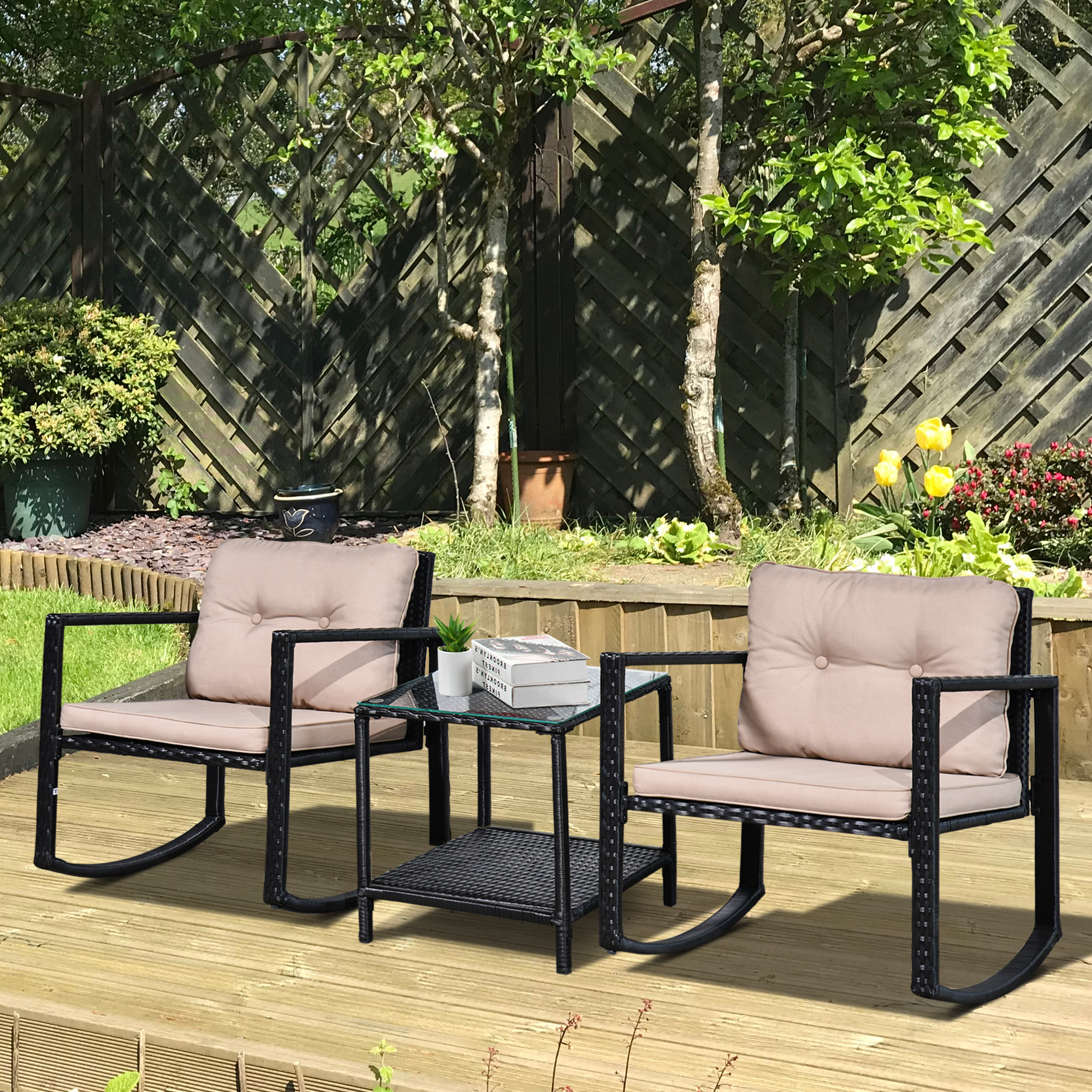 Outsunny 3 Pieces Rattan Garden Rocking Chair Set, Outdoor Rocking Bistro Set w/ 2 Cushioned Armchair and Glass Top Two-tier Coffee Table, Black 2
