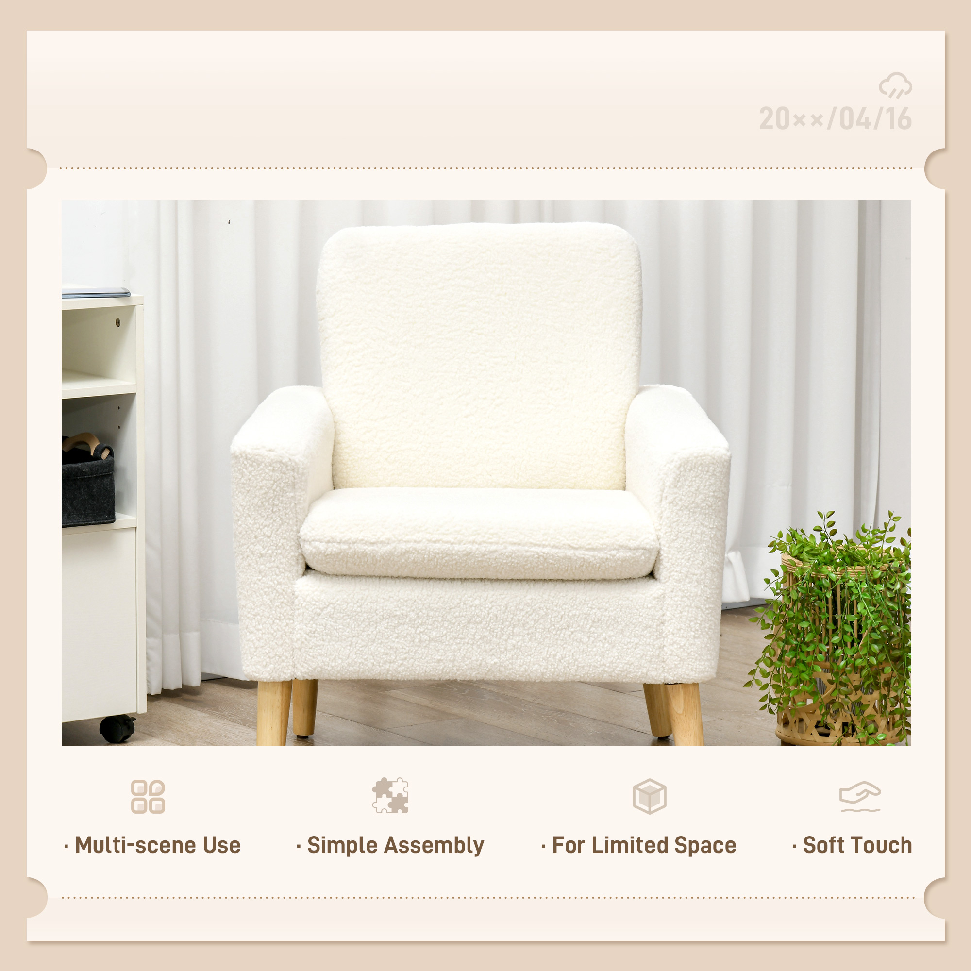 HOMCOM Armchair, Upholstered Accent Chair with Wood Legs and Wide Padded Seat, Teddy Occasional Chair, Cream White 6