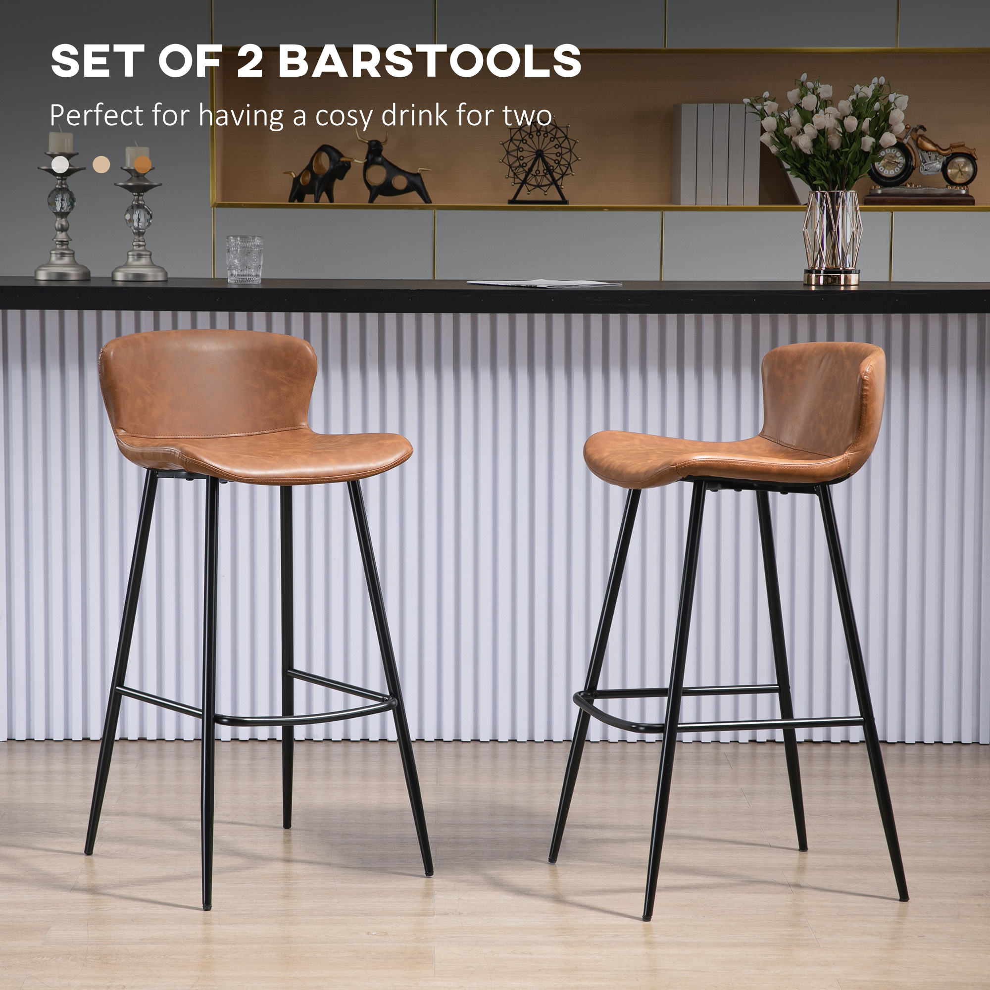 HOMCOM Bar Stools Set of 2, PU Leather Upholstered Bar Chairs, Breakfast Kitchen Counter Chairs with Backs, Steel Legs and Footrests for Dining Room, Brown 4