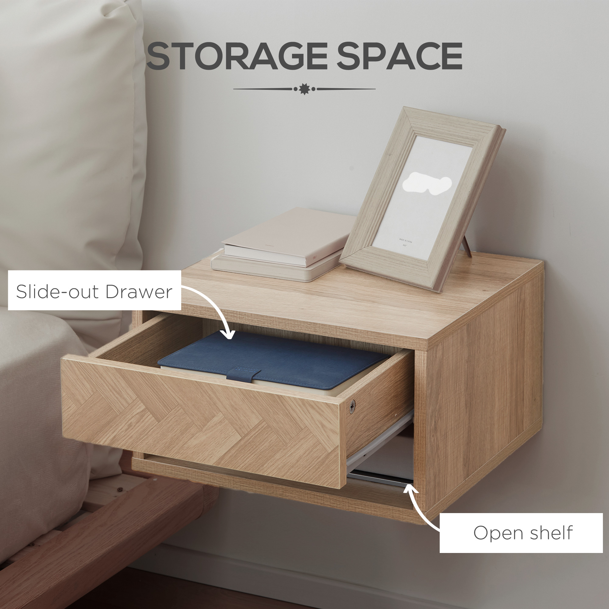HOMCOM 2 Pieces Bedside Table Wall Mounted Nightstand with Drawer and Shelf for Bedroom, 37 x 32 x 21cm, Natural 6