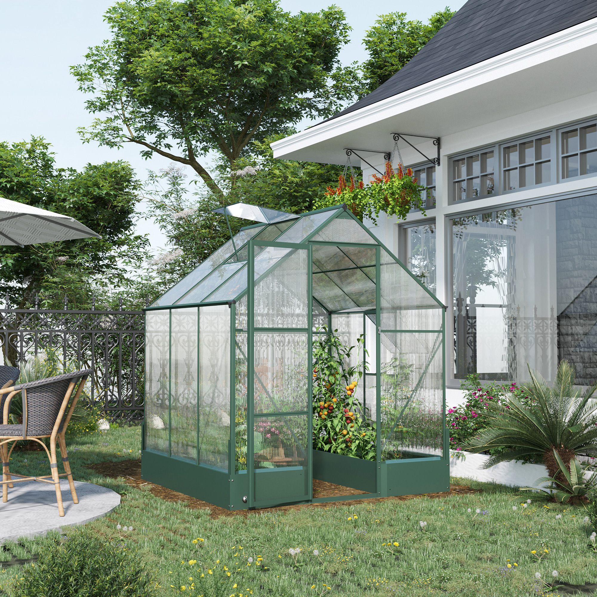 Outsunny 6x6 FT Polycarbonate Greenhouse with Base and Raised Bed, Walk-in Greenhouse with Aluminium Frame, Temperature Controlled Window, Foundation for Plants, Flowers, Vegetable 2