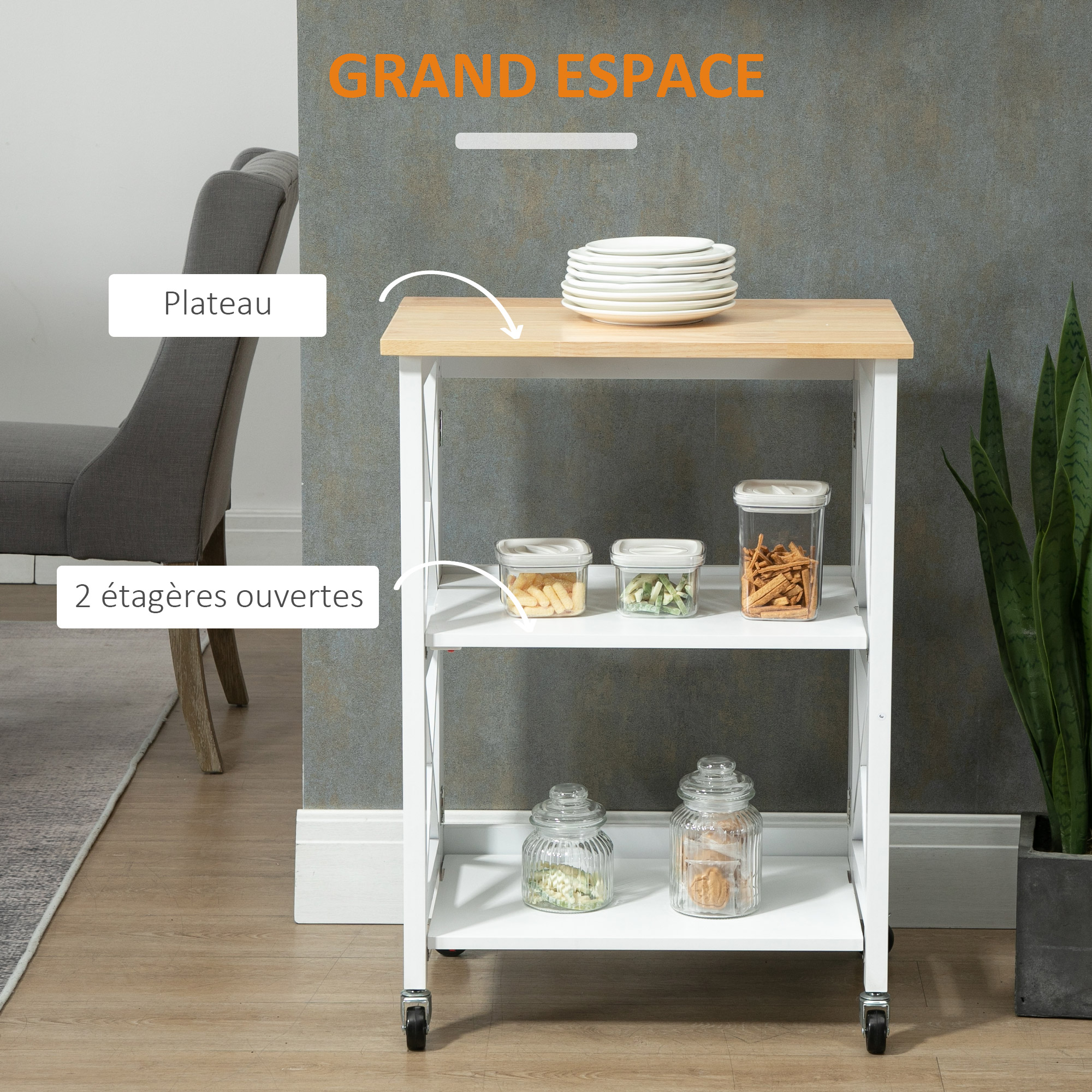 HOMCOM Chariot de cuisine à roulettes desserte charoit de service avec plateau ouvert 2 paniers