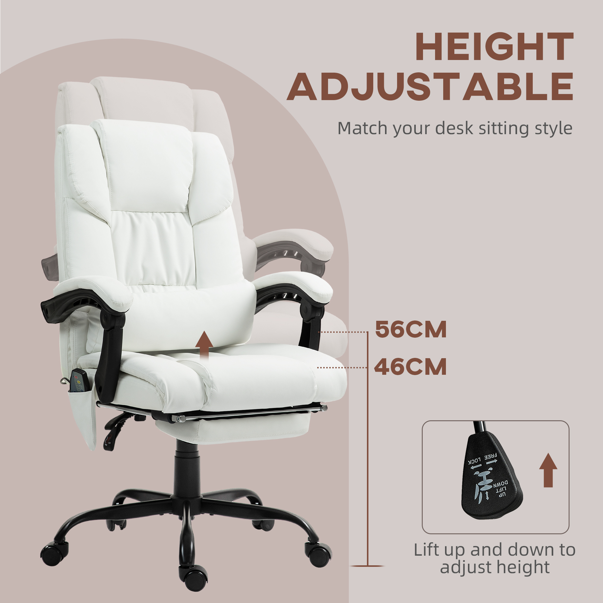 Vinsetto 6-Point Massage Office Chair, PU Leather Desk Chair with Adjustable Height and Footrest for Home Office, White 4