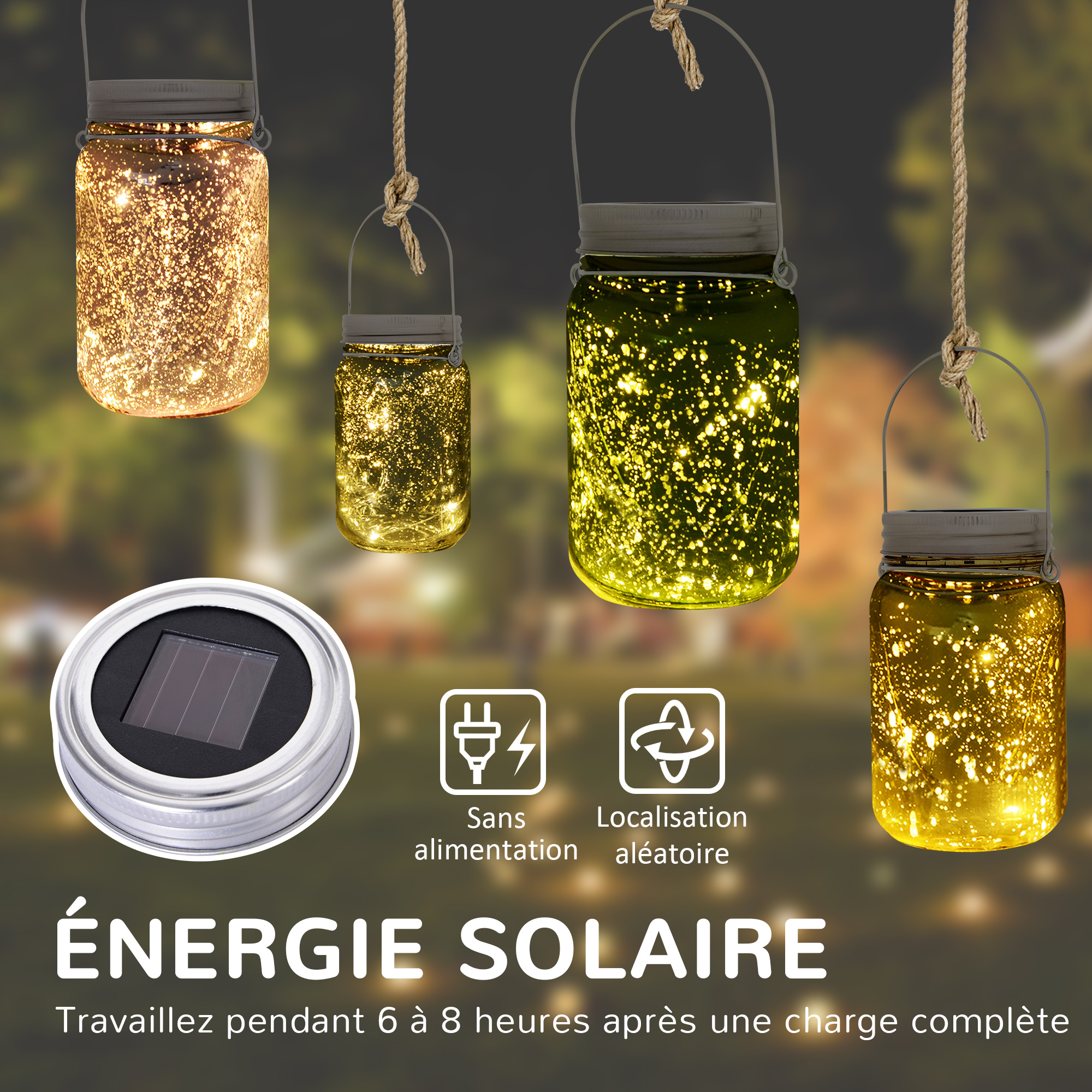 Lot De 4 Lanternes Solaires En Verre Mason Jar - Éclairage Jardin Extérieur Et Intérieur Imperméable