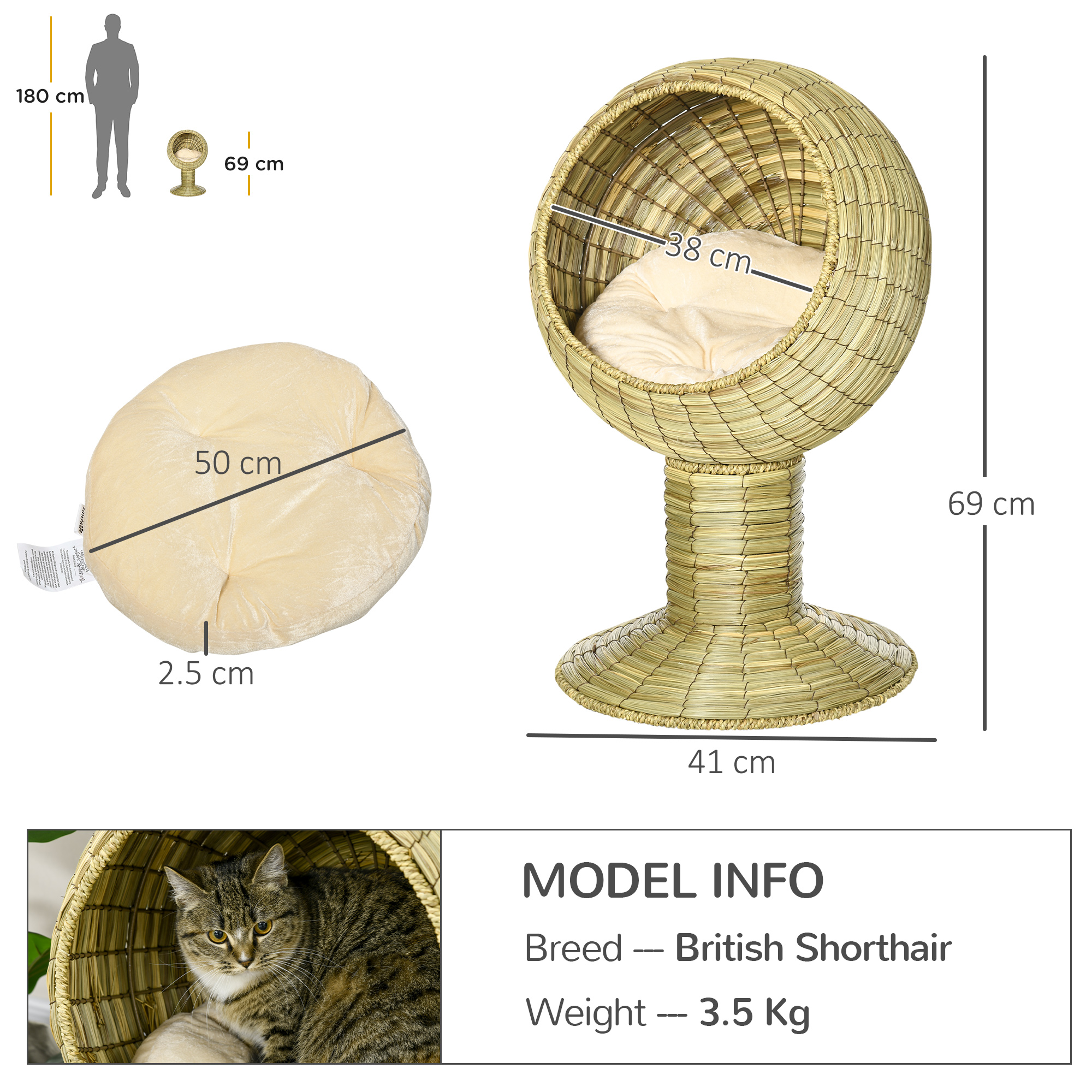 PawHut Raised Detachable Cat house, Natural Mat Grass Cat Bed, with Cushion 3