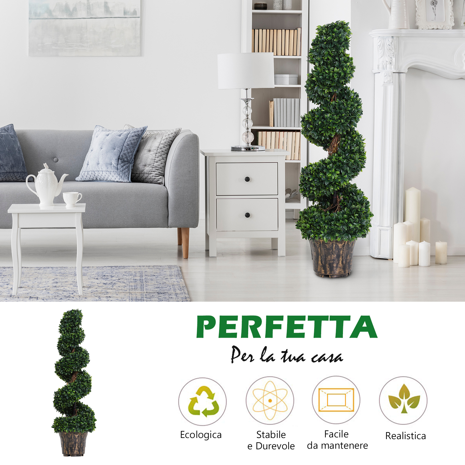 HOMCOM Pianta Artificiale di Bosso a 3 Sfere Altezza 90 cm con Vaso incluso