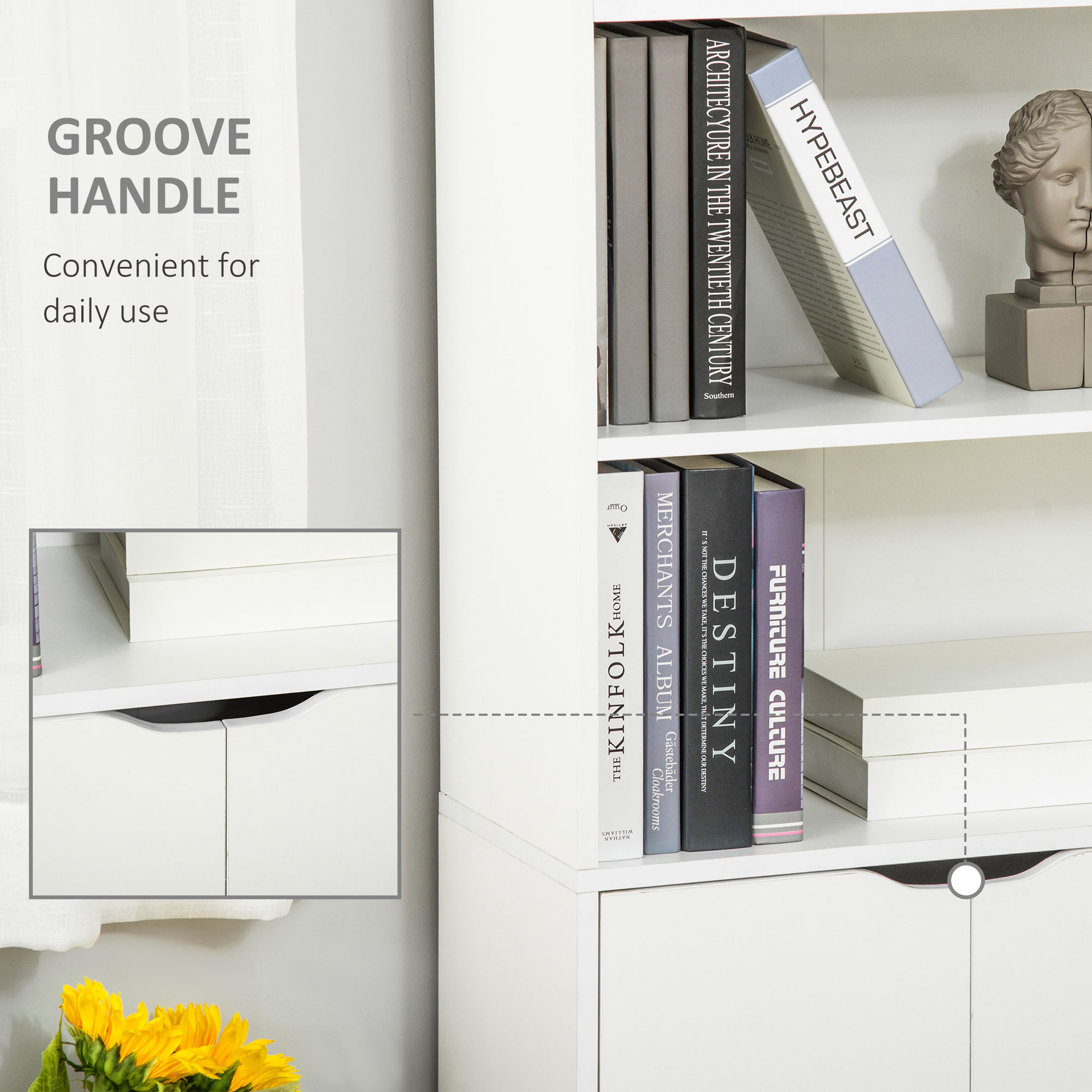 HOMCOM 6-Tier Tall Bookcase, Bookshelf with 4 Open Shelves and Double Door Storage Cabinet, Freestanding Display Rack for Living Room, Bedroom, Home Office, Study, 59 x 29 x 180cm, White 6