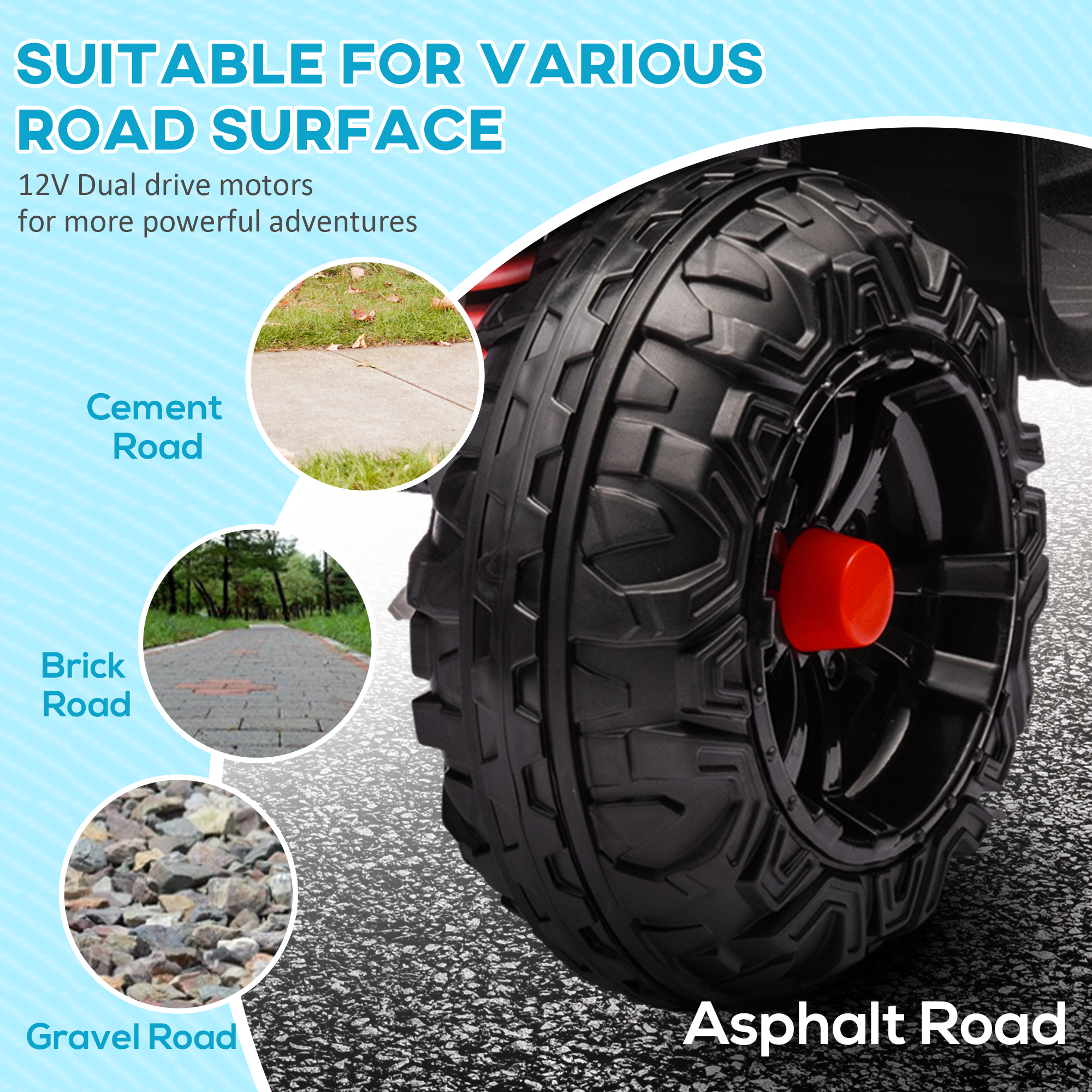 AIYAPLAY 12V Kids Electric Quad Bike w/ Spring Suspension System, Forward, Backward, LED Light, Music, MP3, Red 6
