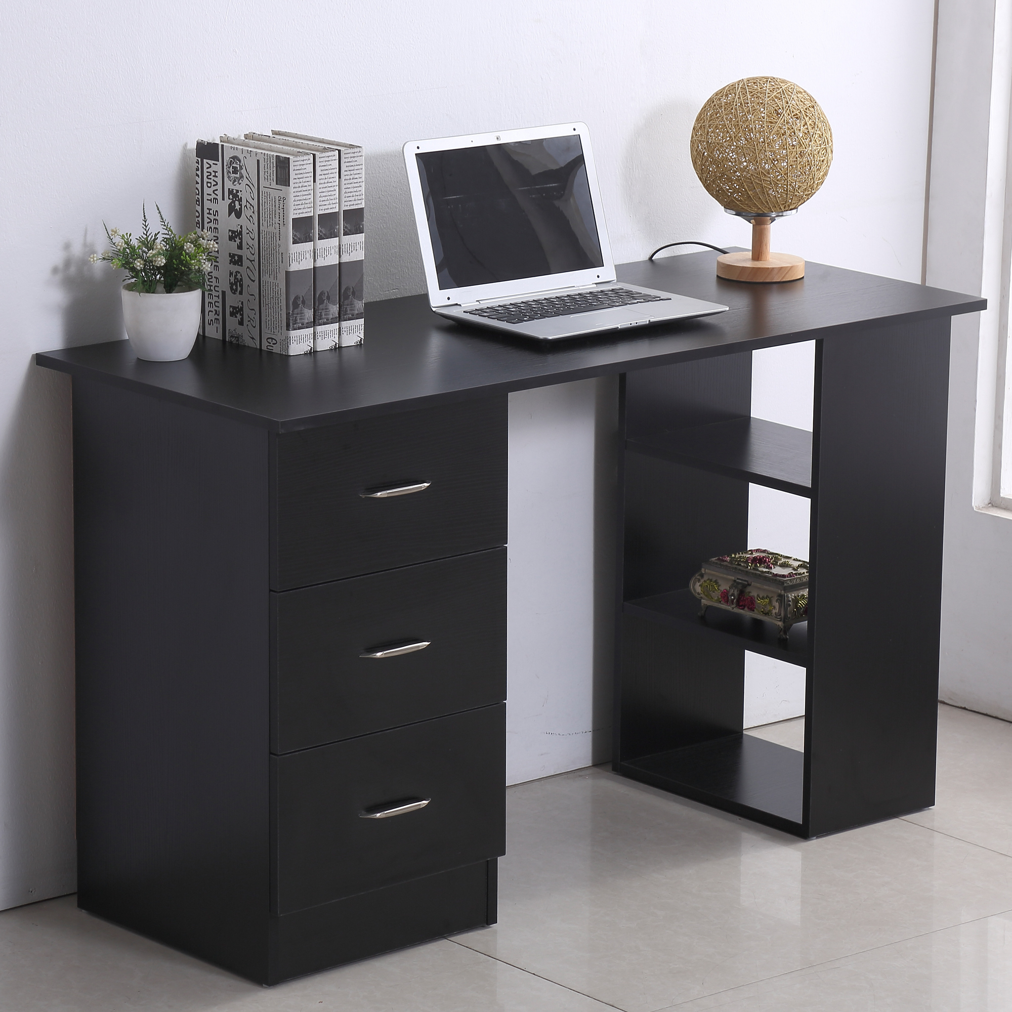 HOMCOM Computer Desk, Writing Table, PC Workstation with 3 Storage Shelves and Drawers, Silver Handle, for Home Office, Black 2