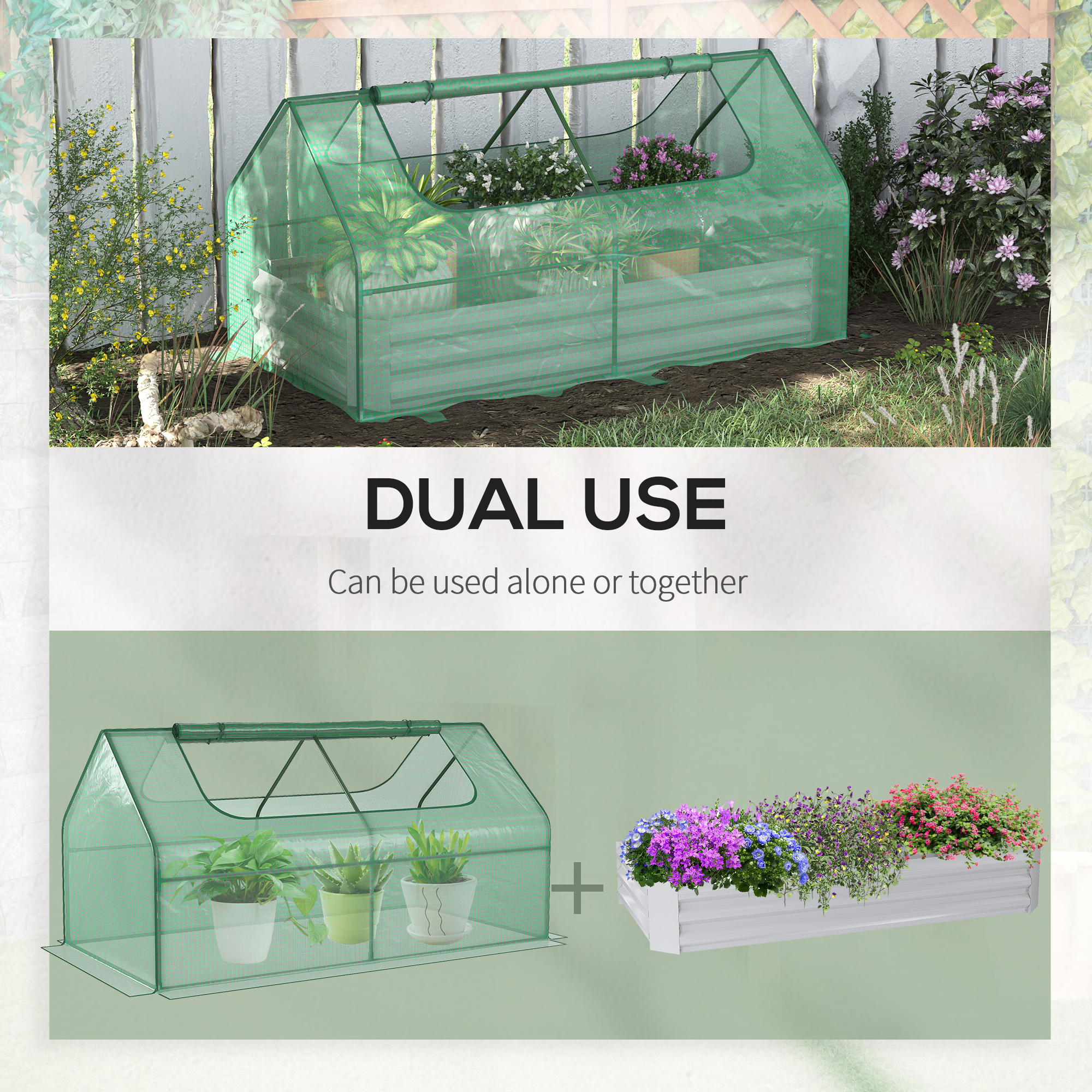 Outsunny Raised Garden Bed with Greenhouse, Steel Planter Box with Plastic Cover, Roll Up Window, Dual Use for Flowers, Vegetables, Fruits and Herbs, 185L x 95W x 92H cm, Green 4