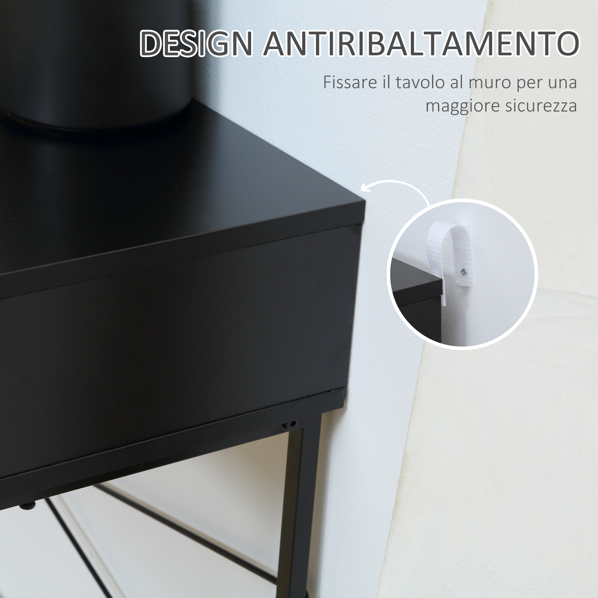 MODERION Tavolo Consolle In Legno Massello Con 2 Cassetti – Per Soggiorno, Ingresso O Balcone (90x35x76,5 Cm, Colore Nero)