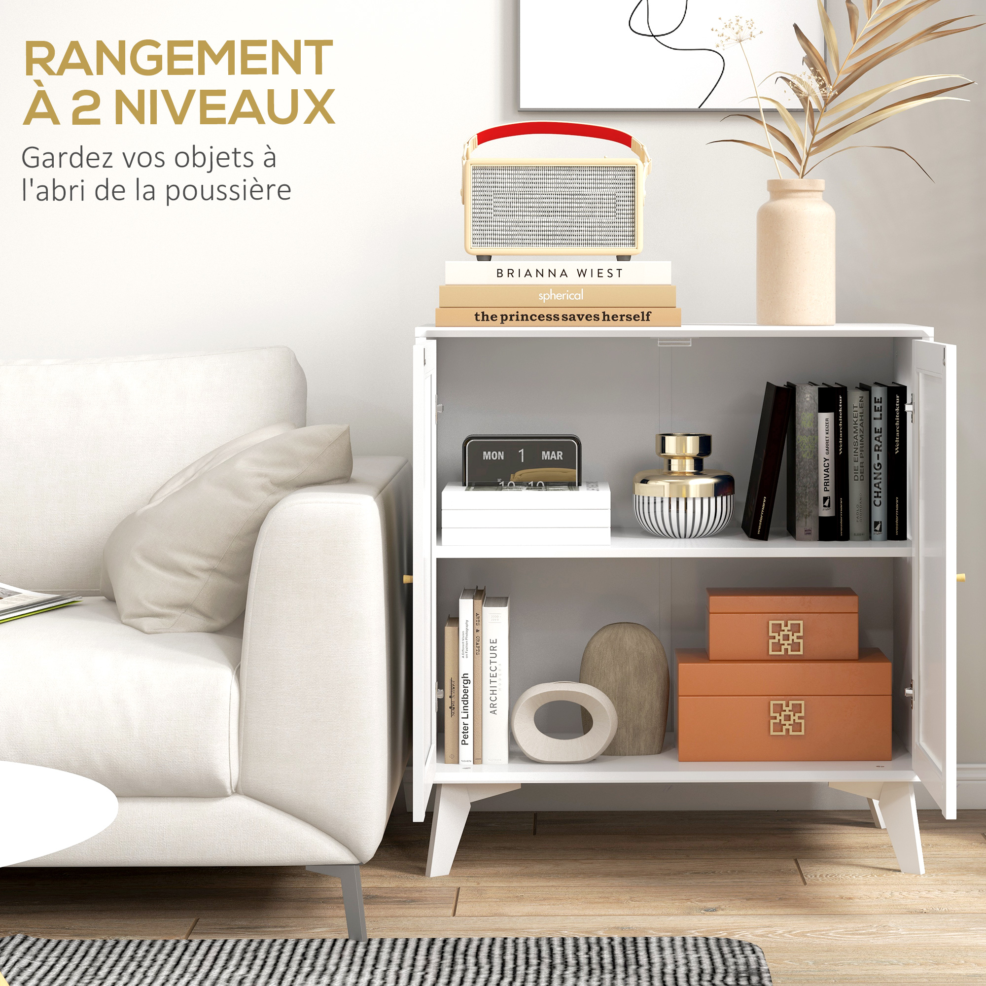 Buffet En Rotin 2 Portes 80x40x83 Cm - Armoire De Cuisine/Salon, Étagères Réglables, Style Moderne - Rotin Naturel Et MDF - 3