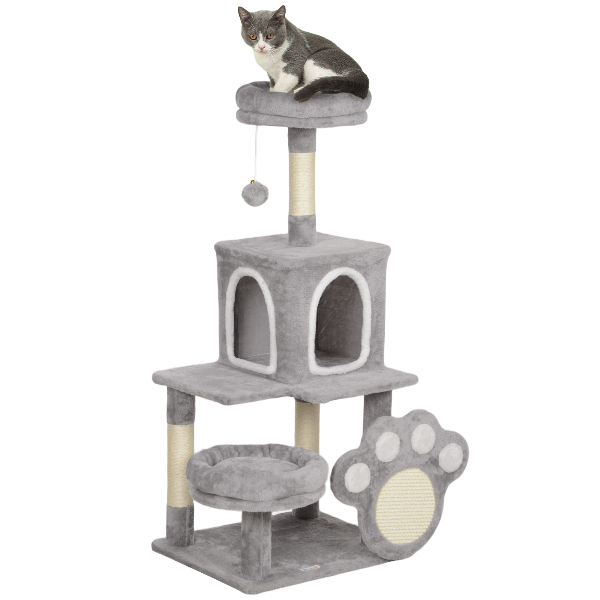 PawHut Árbol para gatos 110 cm Torre para Gatos con Nidos Cueva Plataforma Almohadilla de Rascado Bola Colgante Gris Claro