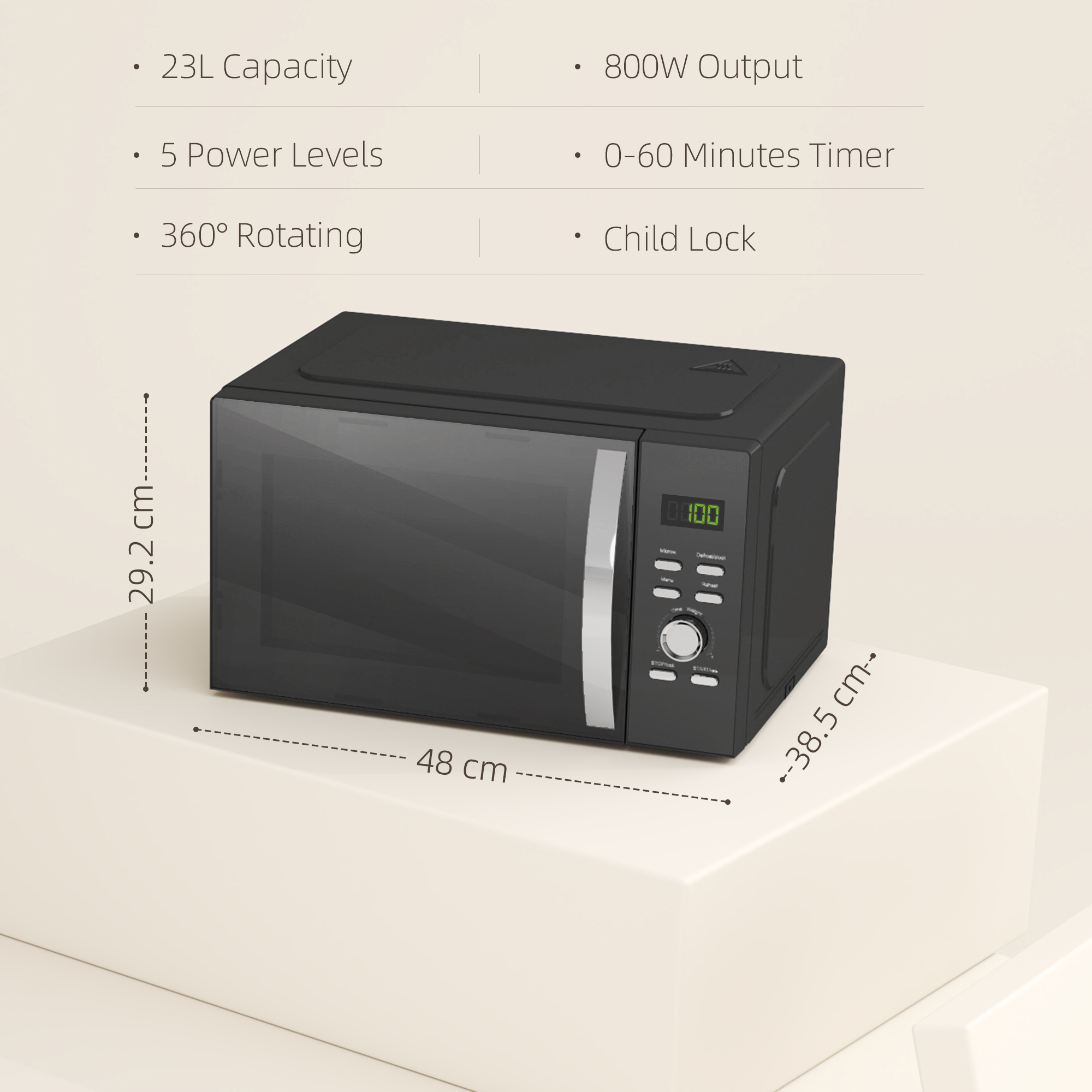 HOMCOM 23L 800W Microwave Oven, Digital Solo Microwave with 5 Power Levels, Automatic Defrost, 8 Auto Cook Menus, 60 Minutes Timer, Clock, Easy Clean, Small Black Microwave 3