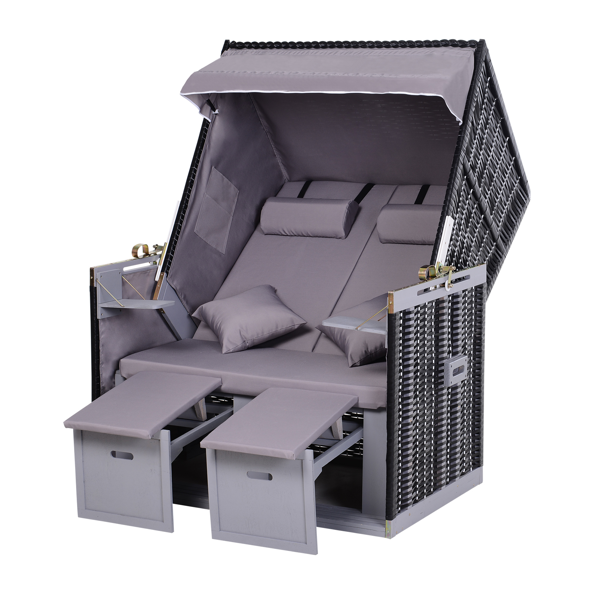 Outsunny Corbeille plage 2 places pliable - Cabine chaise de plage inclinable transat plage bois résine tressée polyester 118Lx79Px160Hcm gris
