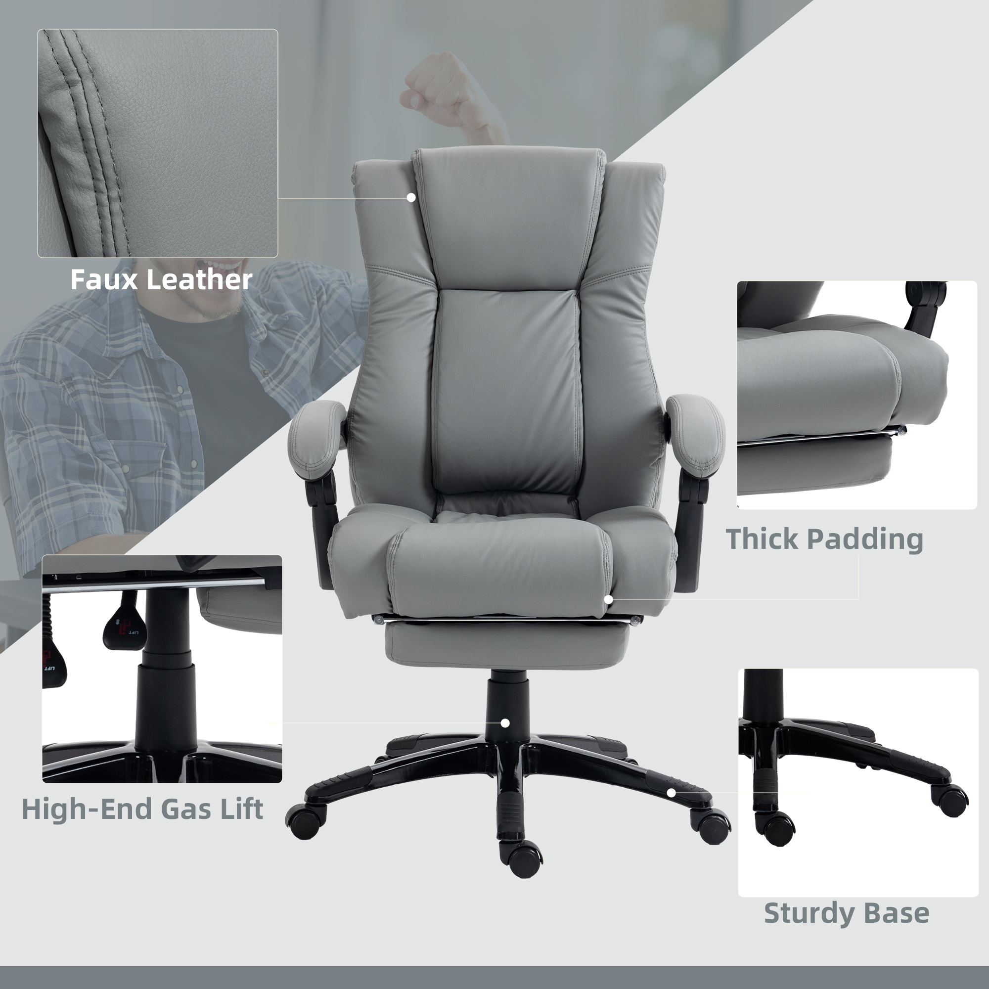 Vinsetto PU Leather Office Chair, Swivel Computer Chair with Footrest, Wheels, Adjustable Height, Grey 7