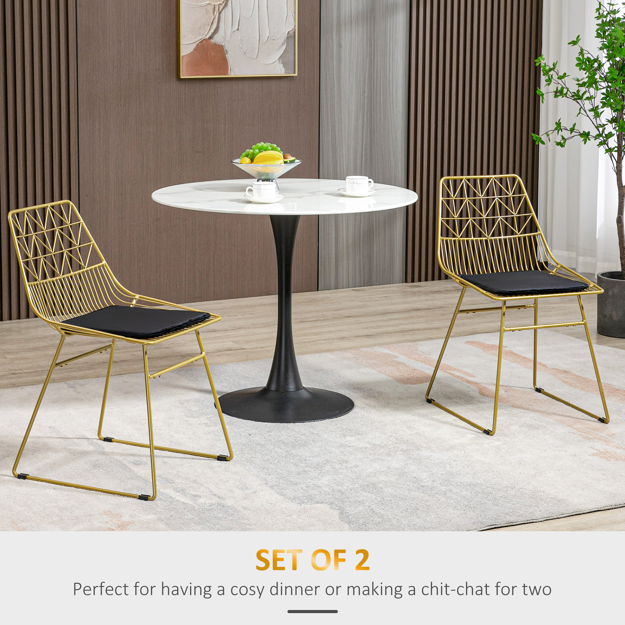HOMCOM Luxurious Dining Chairs Set of 2, Metal Wire Kitchen Chair with Removable Velvet-feel Cushion, Cut-out Back and Steel Frame for Dining Room, Gold Tone 4