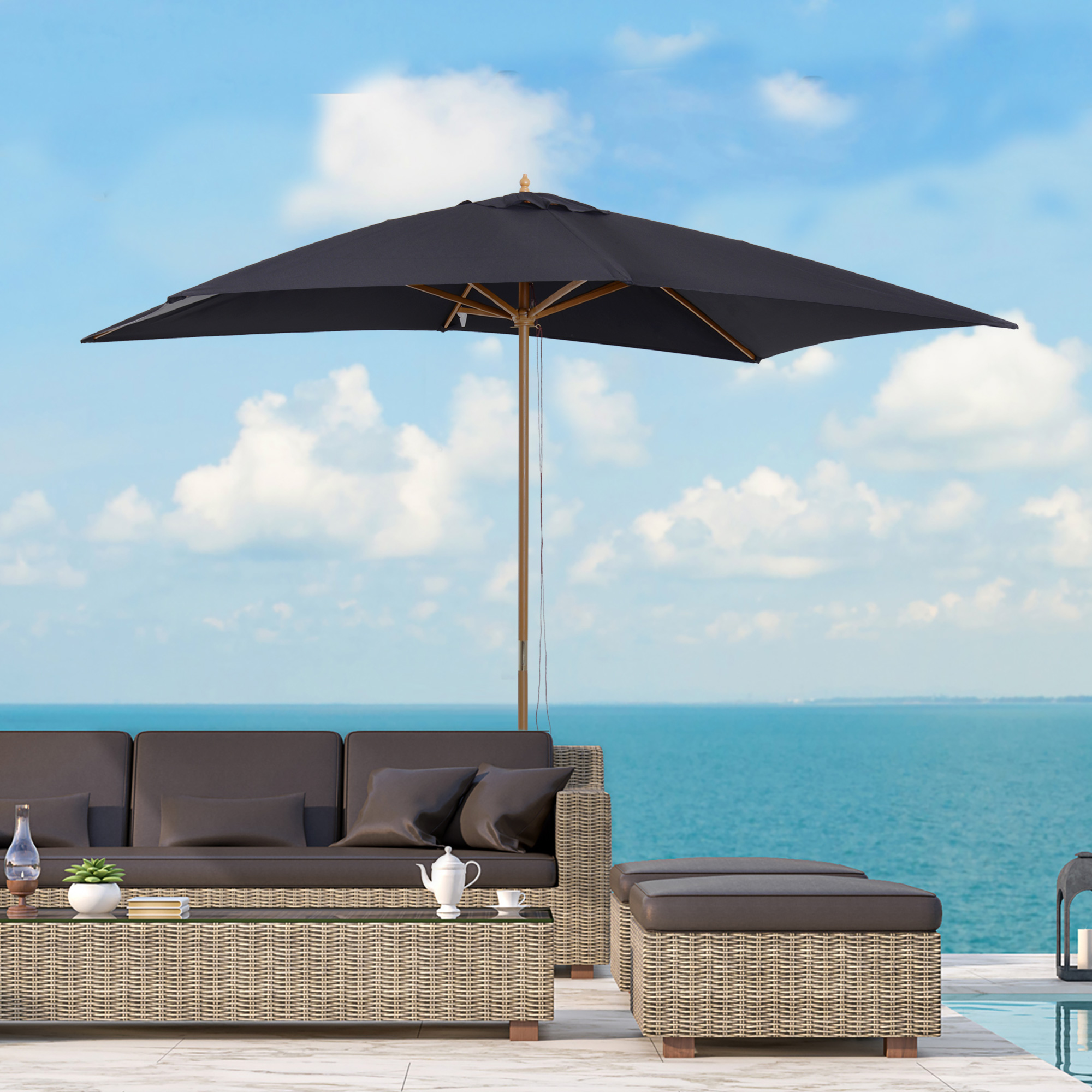 Outsunny 2 x 3m Wooden Garden Parasol Umbrella Outdoor Sun Shade Canopy, Black 2