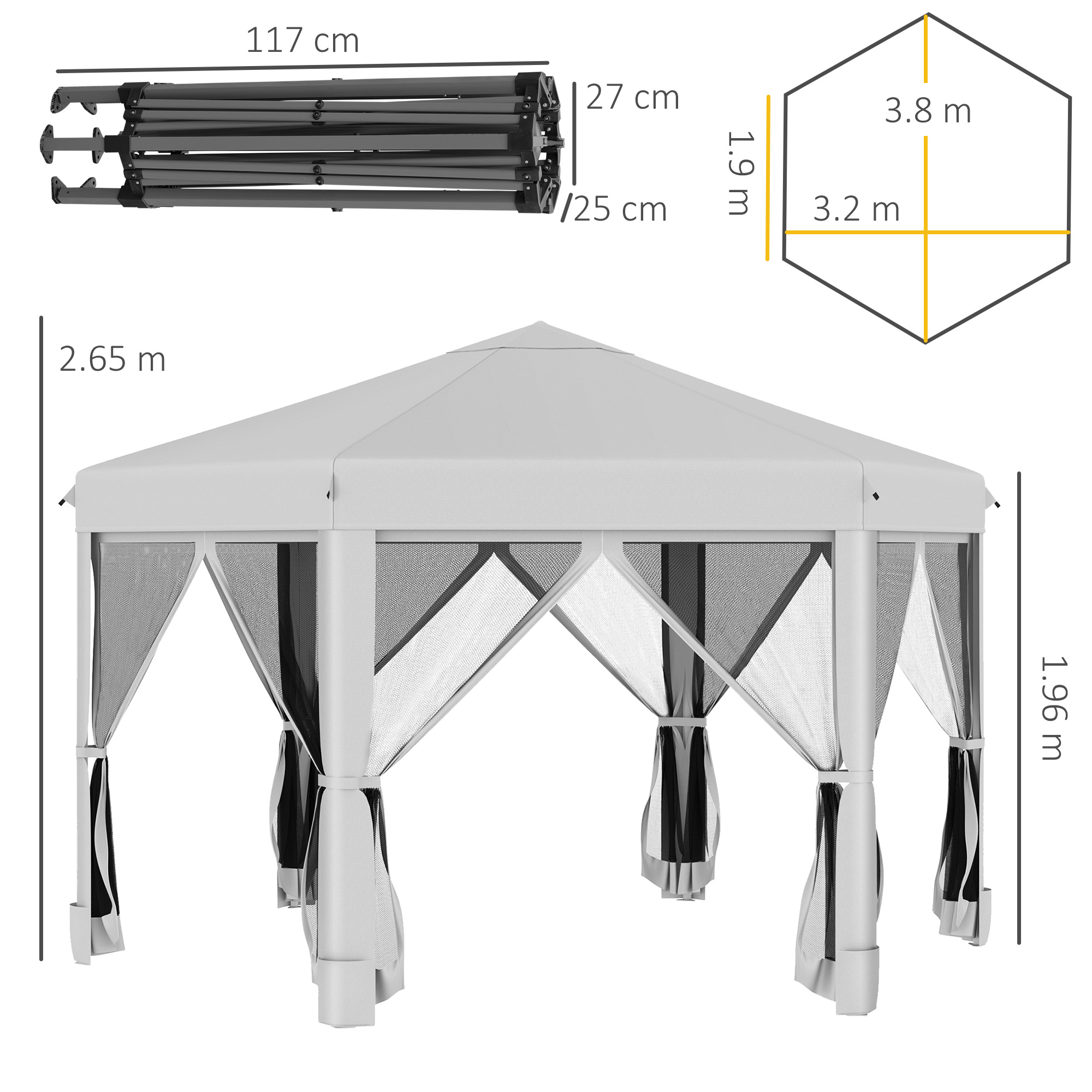 Outsunny 3.2m Pop Up Gazebo Hexagonal Canopy Tent Outdoor Sun Protection with Mesh Sidewalls, Handy Bag, Light Grey 3
