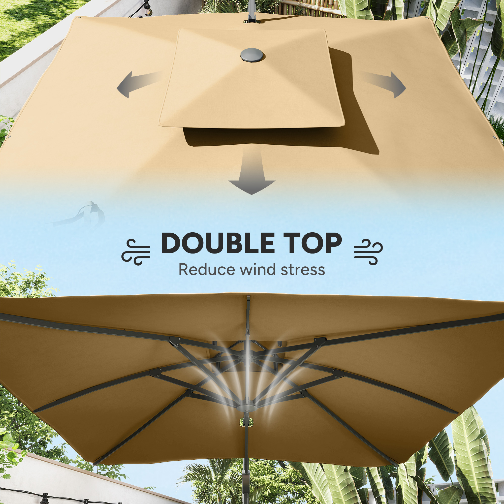 Outsunny Garden Parasol, 3(m) Cantilever Parasol with Hydraulic Mechanism, Dual Vented Top, 8 Ribs, Cross Base, Khaki 7