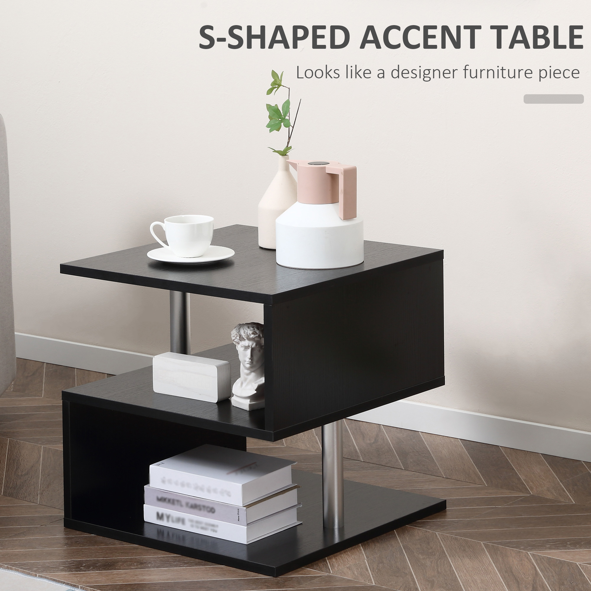 HOMCOM Wooden S Shape Cube Coffee Table 2 Tier Storage Shelves Organizer Office Bookcase Living Room End Desk Stand Display (Black) 4