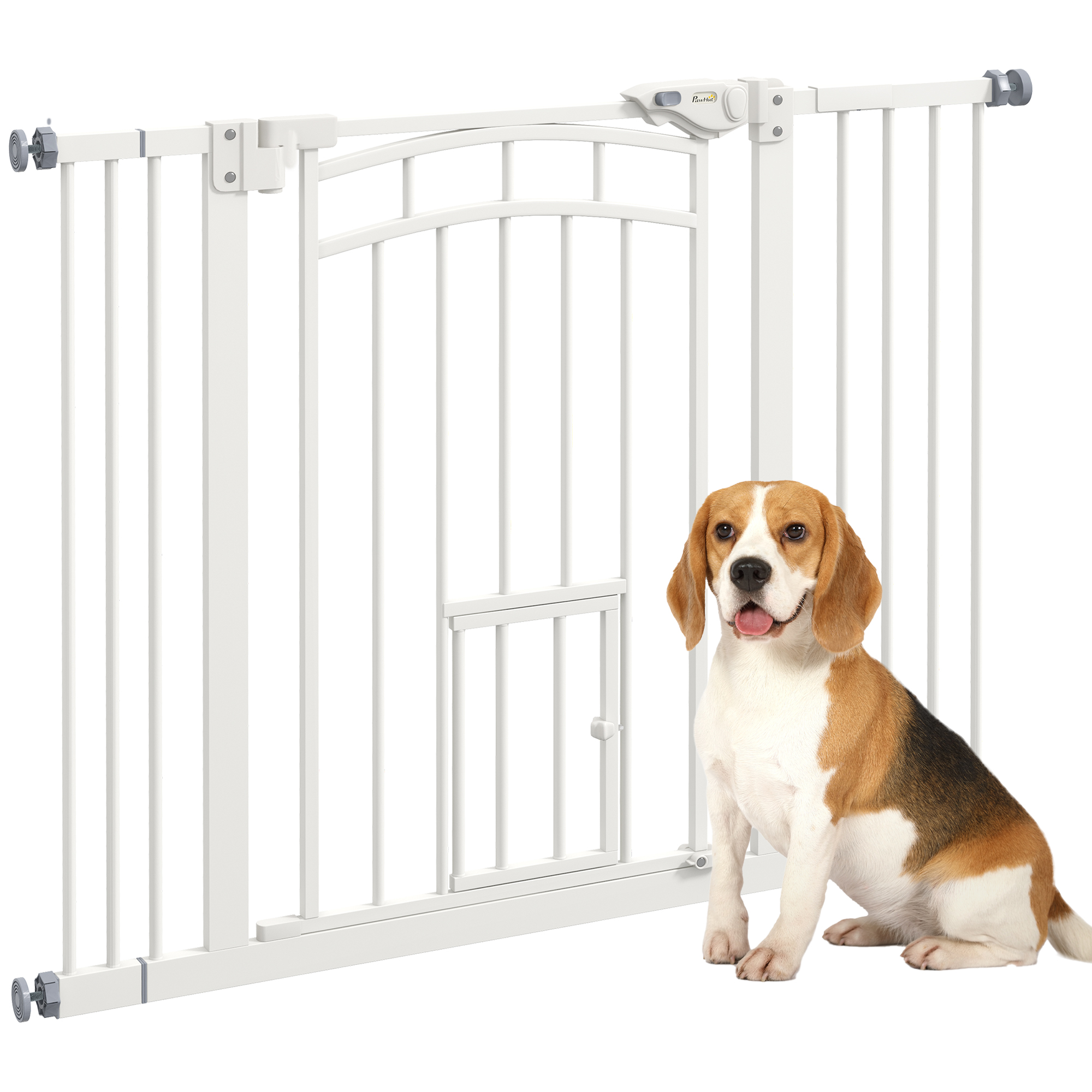 PawHut Pressure Fit Stair Gate, Dog Gate w/ Small Cat Door, Auto Closing System, Double Locking Openings, 74-80cm - White
