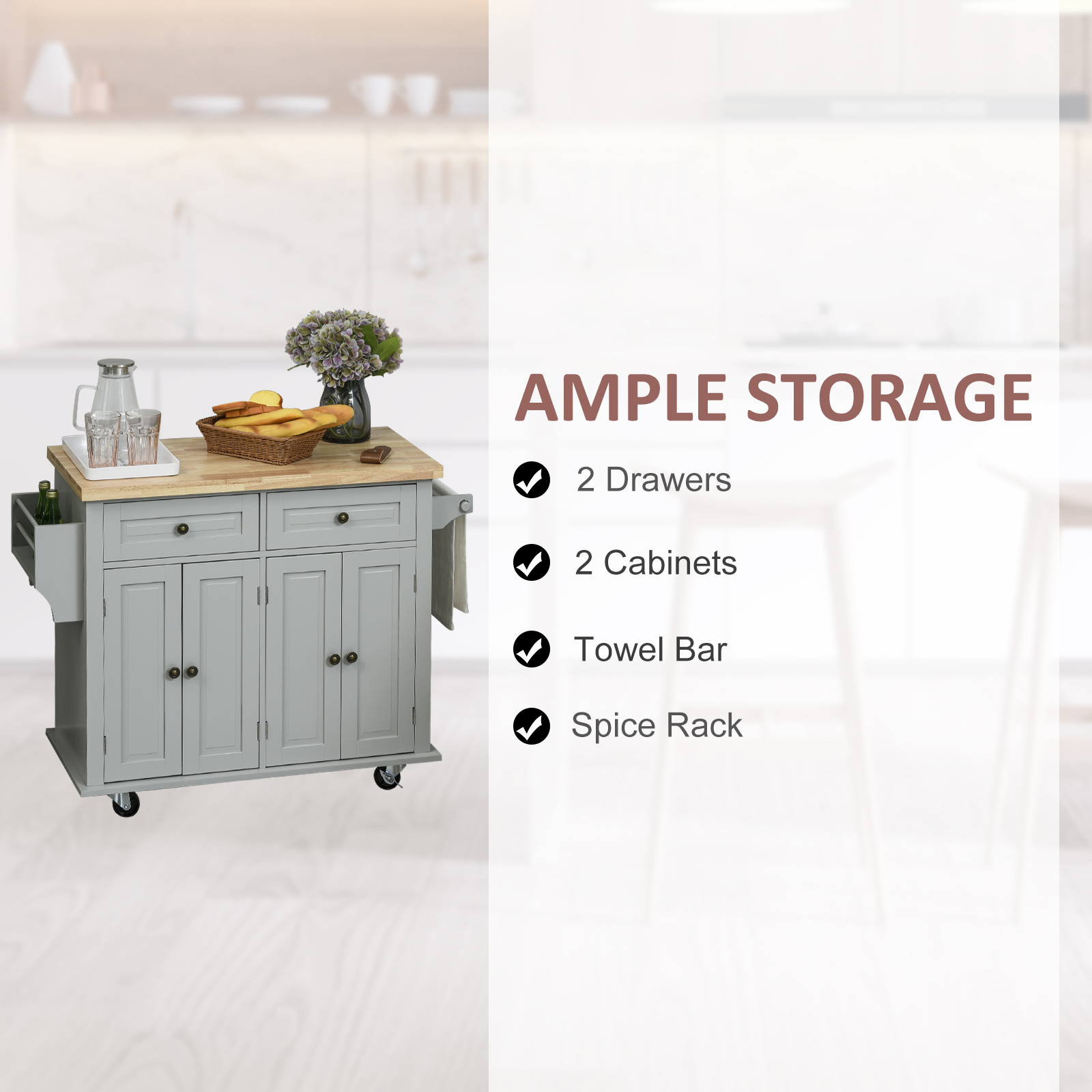 HOMCOM Rolling Kitchen Island Storage Trolley with Rubber Wood Top & Drawers for Dining Room, Grey 4