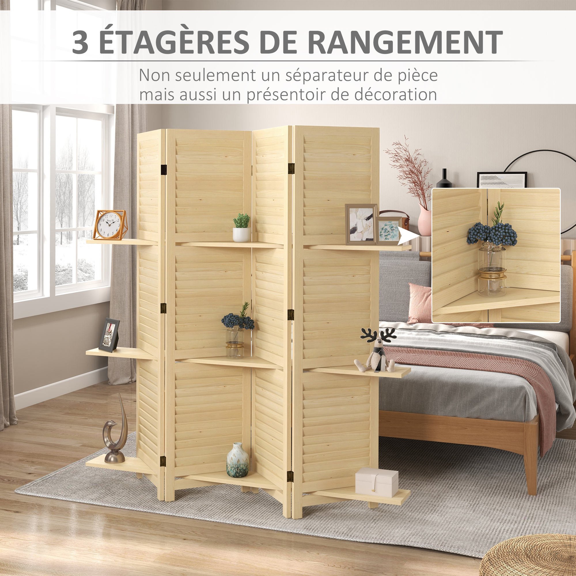 Paravent 4 Panneaux HOMCOM Avec 3 Étagères - 162x170 Cm - Bois Paulownia - Séparateur De Pièce Style Persiennes