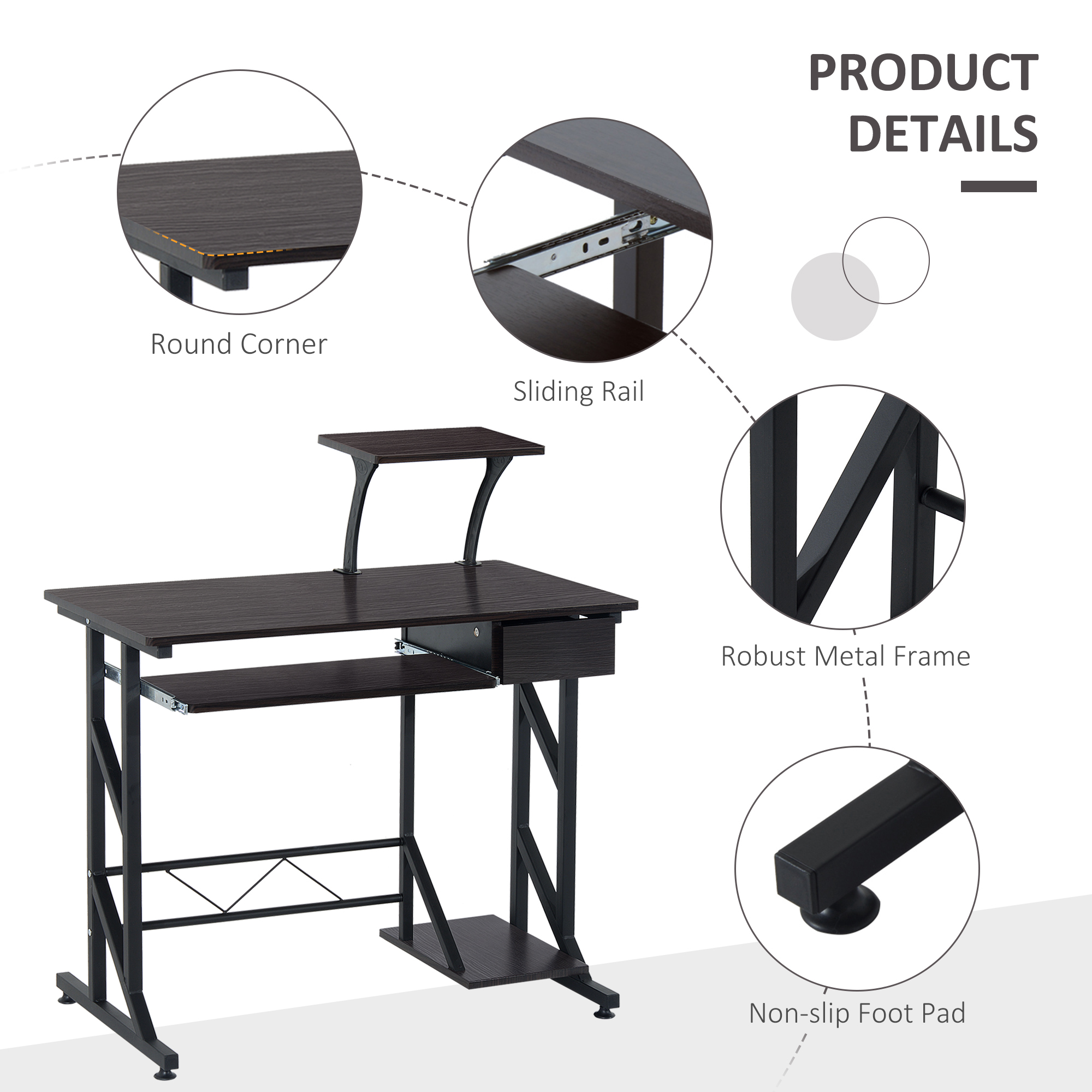 HOMCOM Computer Desk with Display Stand, Sliding Keyboard Tray Drawer and Host Box Shelf Home Office Workstation Dark Brown 5