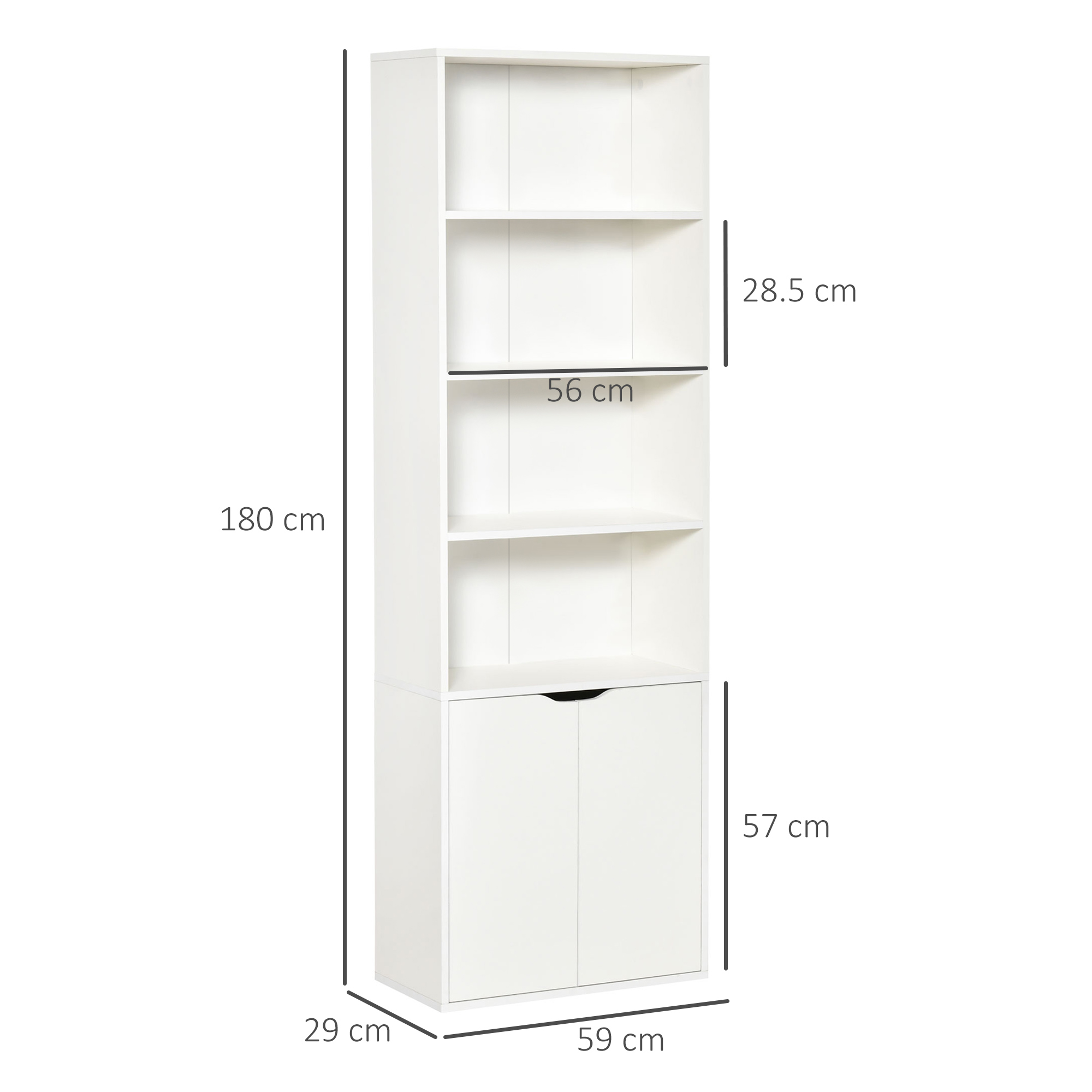 HOMCOM 6-Tier Tall Bookcase, Bookshelf with 4 Open Shelves and Double Door Storage Cabinet, Freestanding Display Rack for Living Room, Bedroom, Home Office, Study, 59 x 29 x 180cm, White 3