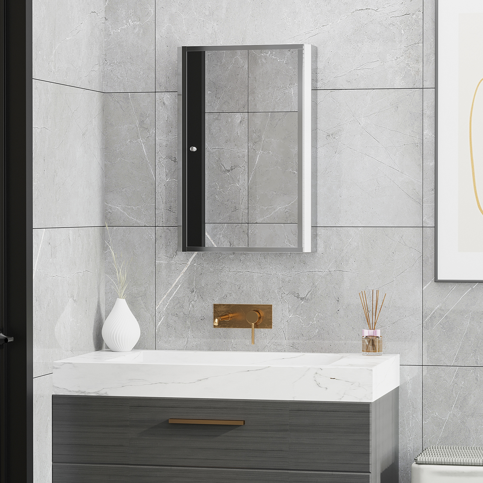 HOMCOM Stainless Steel Wall mounted Bathroom Mirror Cabinet 2 Shelves Storage Unit Furniture w/Single Door (60H x 40L x 13D (cm)) 2