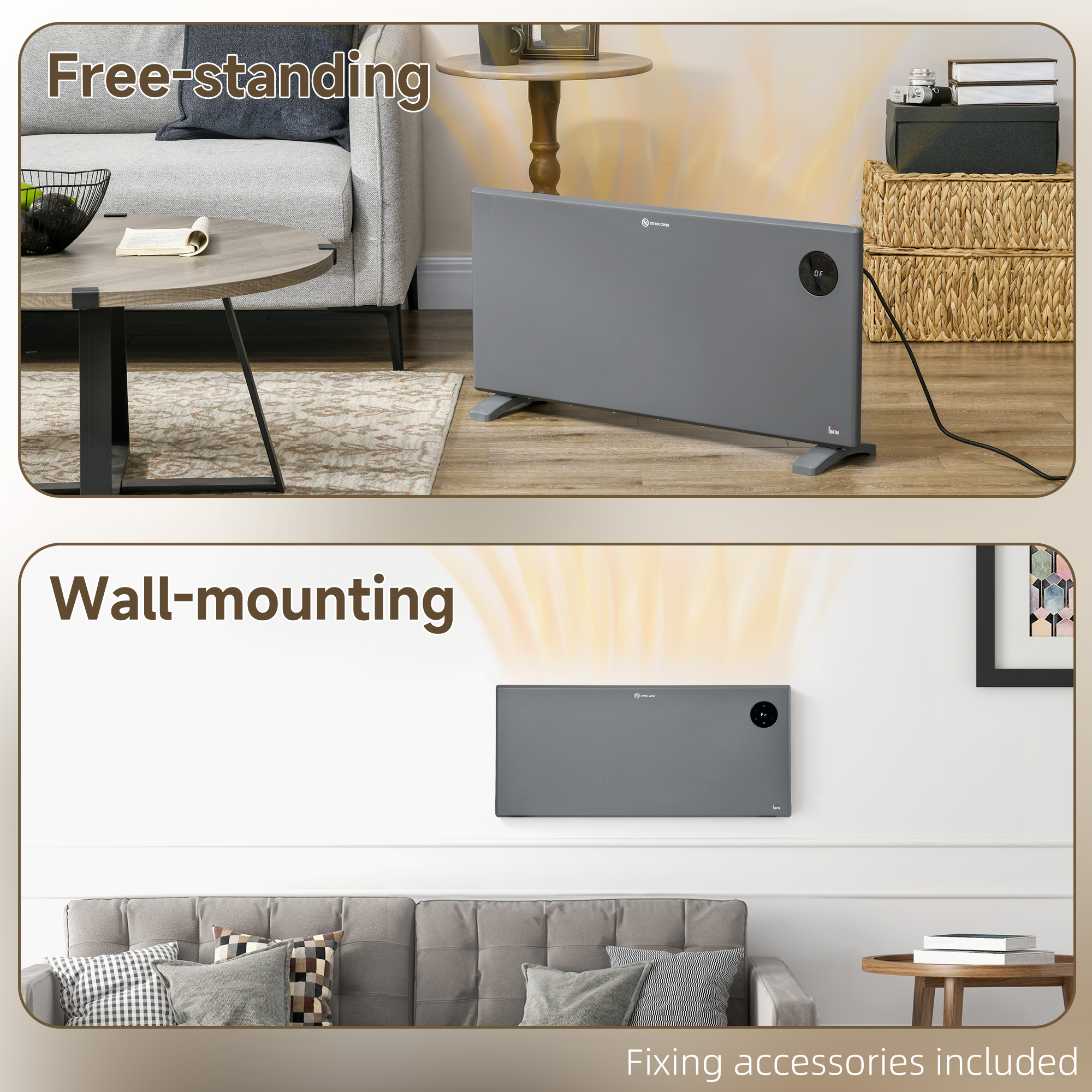 HOMCOM 2000W Electric Convector Heater, Freestanding or Wall Mounted, Space Heater with Adjustable Thermostat, Timer, Grey 8