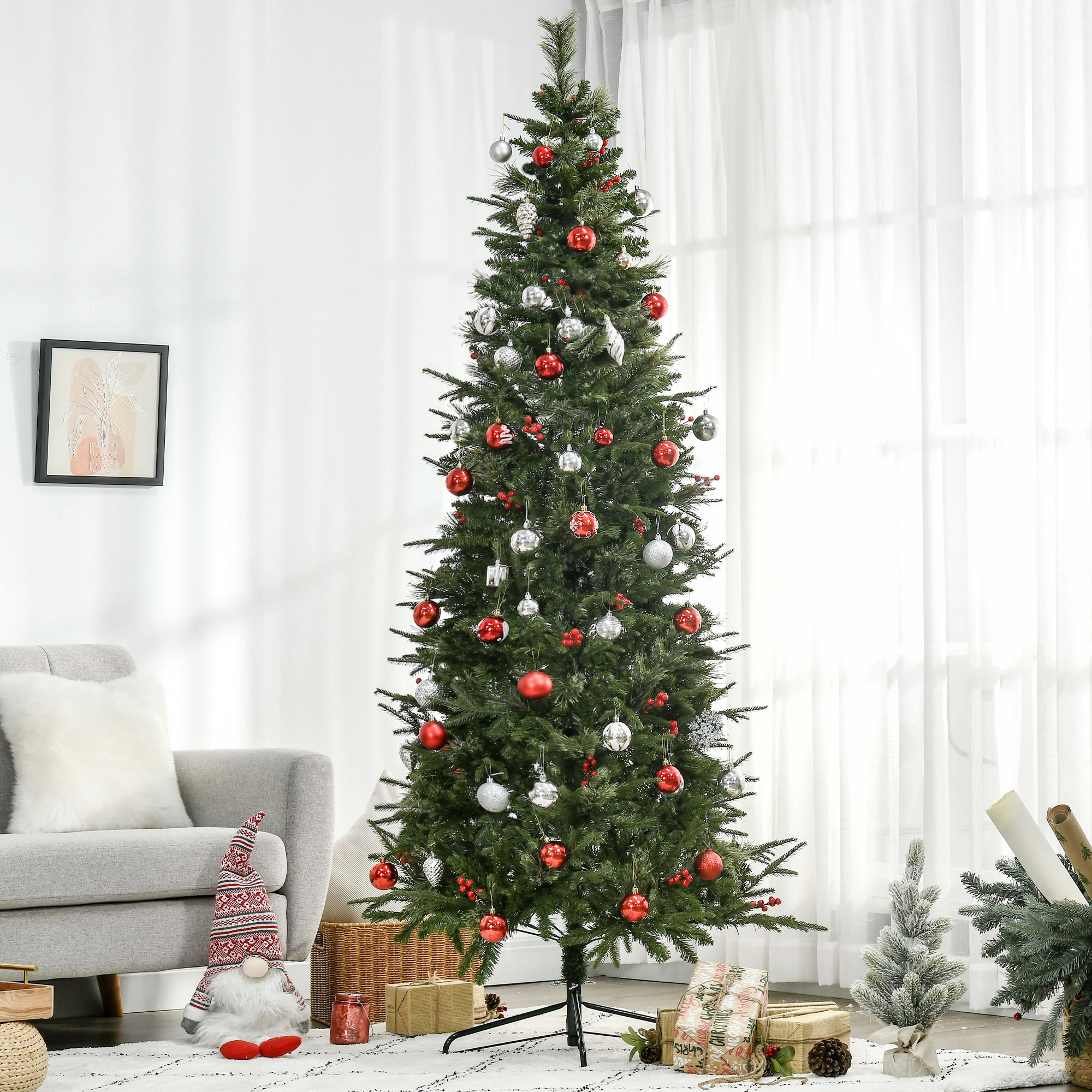 HOMCOM 7ft Pencil Artificial Christmas Tree with Realistic Branches, Red Berries, Auto Open, Green 2