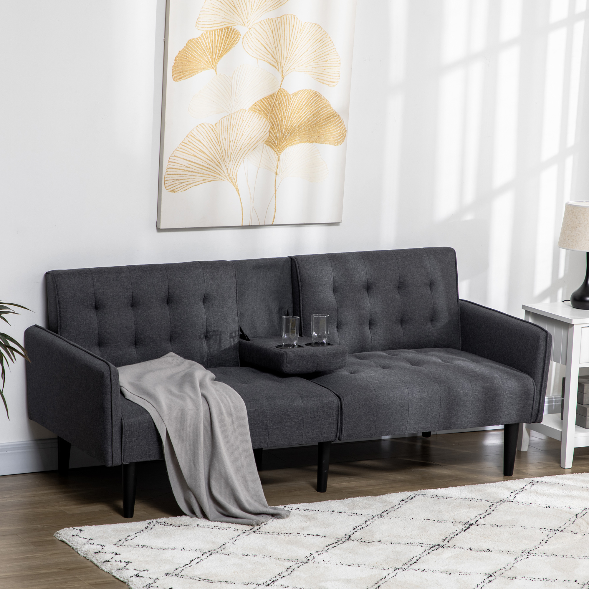 HOMCOM Three-Seater Sofa Bed, with Cupholders Grey 8