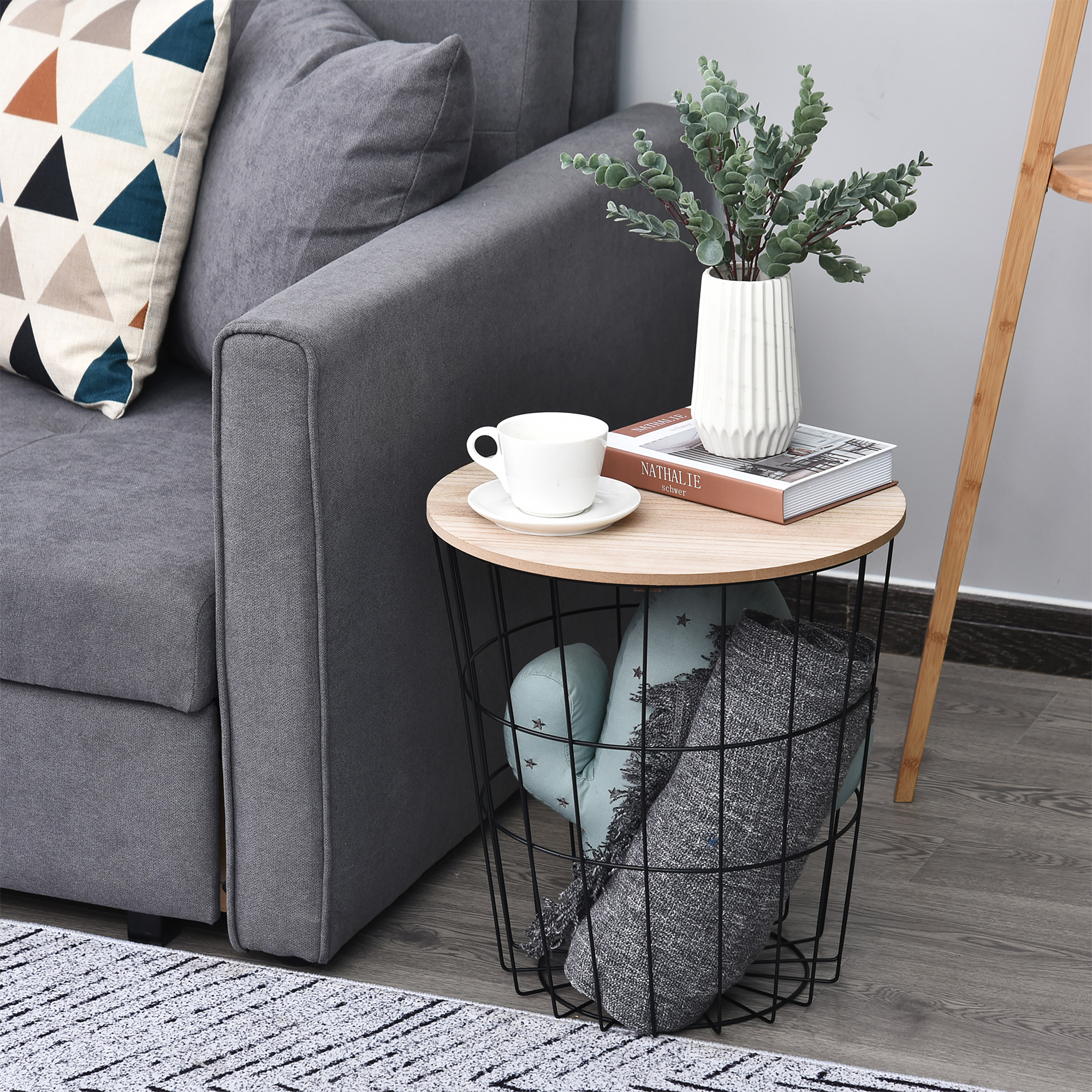 HOMCOM Tavolino Contenitore da Salotto, Tavolino da Caffè Rotondo con  Design Moderno in Legno e Metallo Nero - Main Image