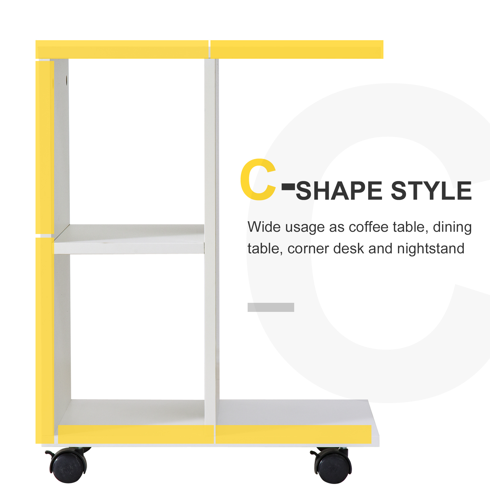 HOMCOM C-Shape End Table Unique Storage Unit w/ 2 Shelves 4 Wheels Freestanding Home Furniture Cabinet Square White 6