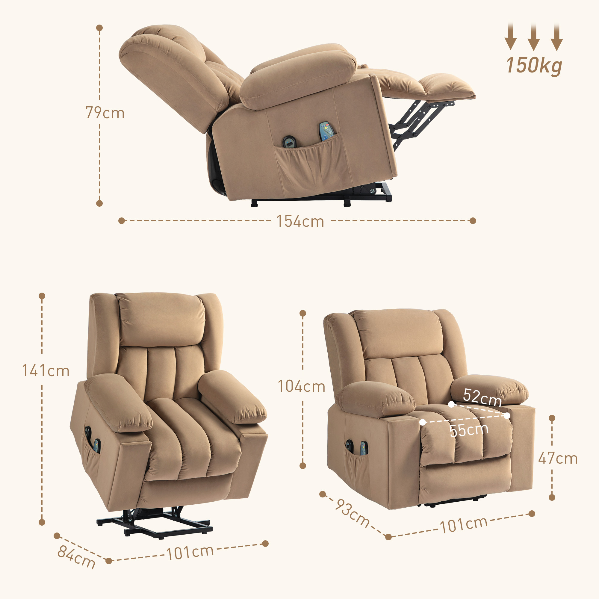 HOMCOM Velvet-Feel Electric Riser, Recliner and Massage Armchair Light Brown 3