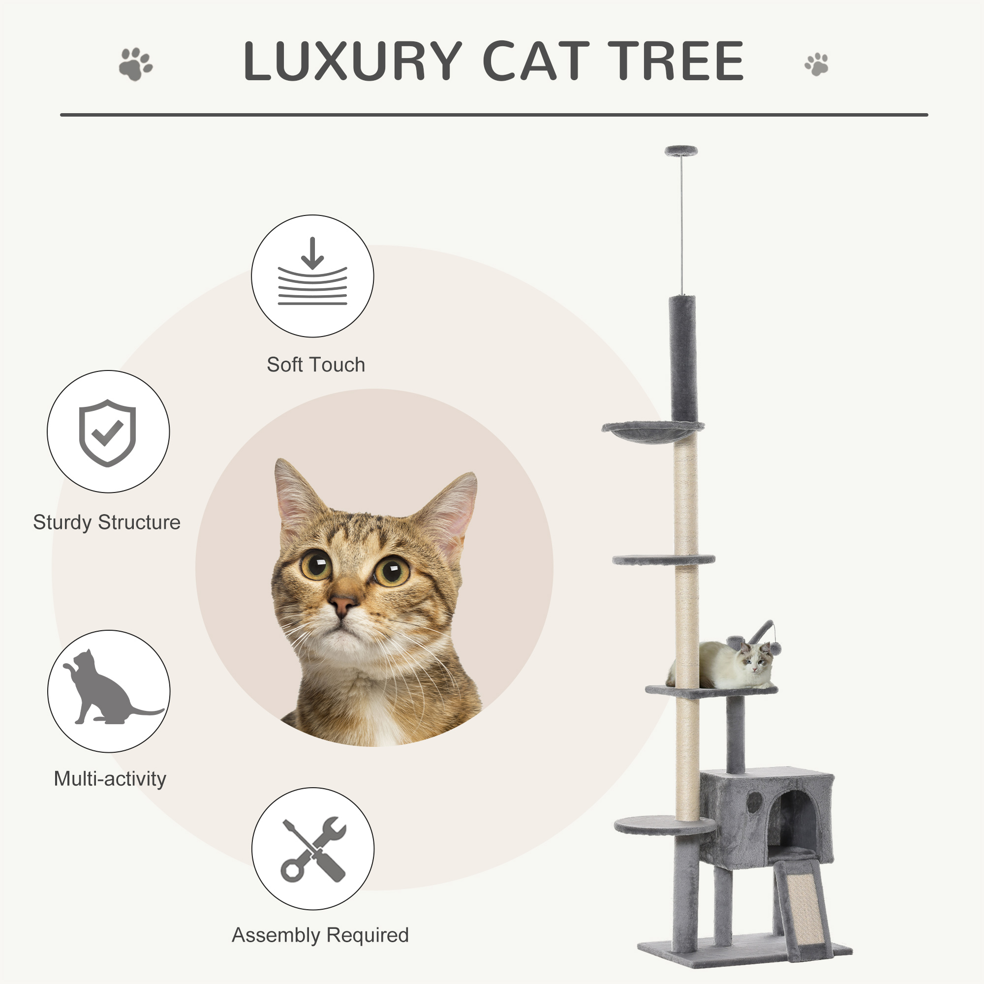 PawHut 270cm Floor To Ceiling Cat Tree Cat House Scratching Post for Indoor Cats Hammock Hanging Ball Activity Center Grey 4