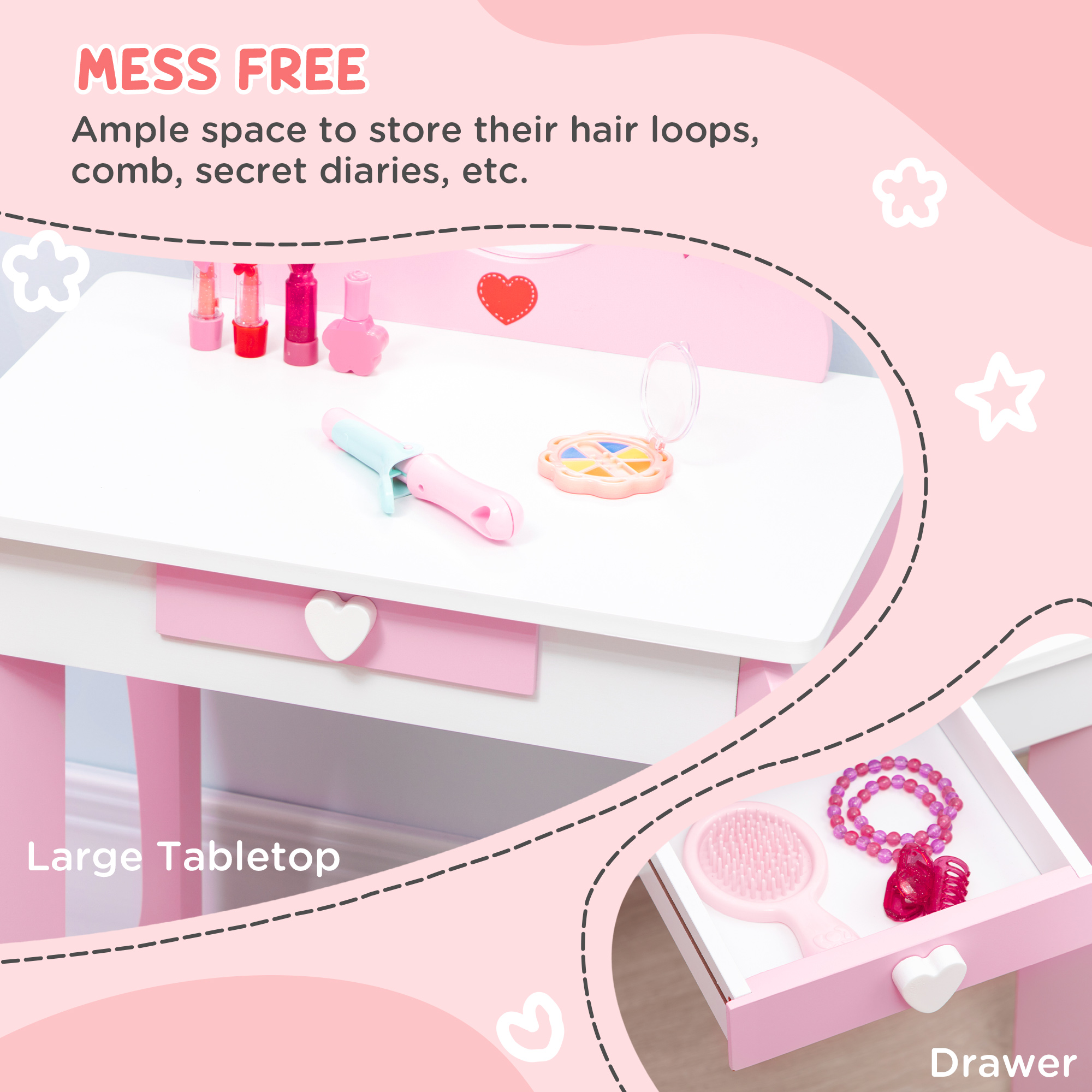 ZONEKIZ Kids Dressing table Set w/ Mirror, Stool, Drawer, Cute Patterns, for Ages 3-6 Years Pink 5