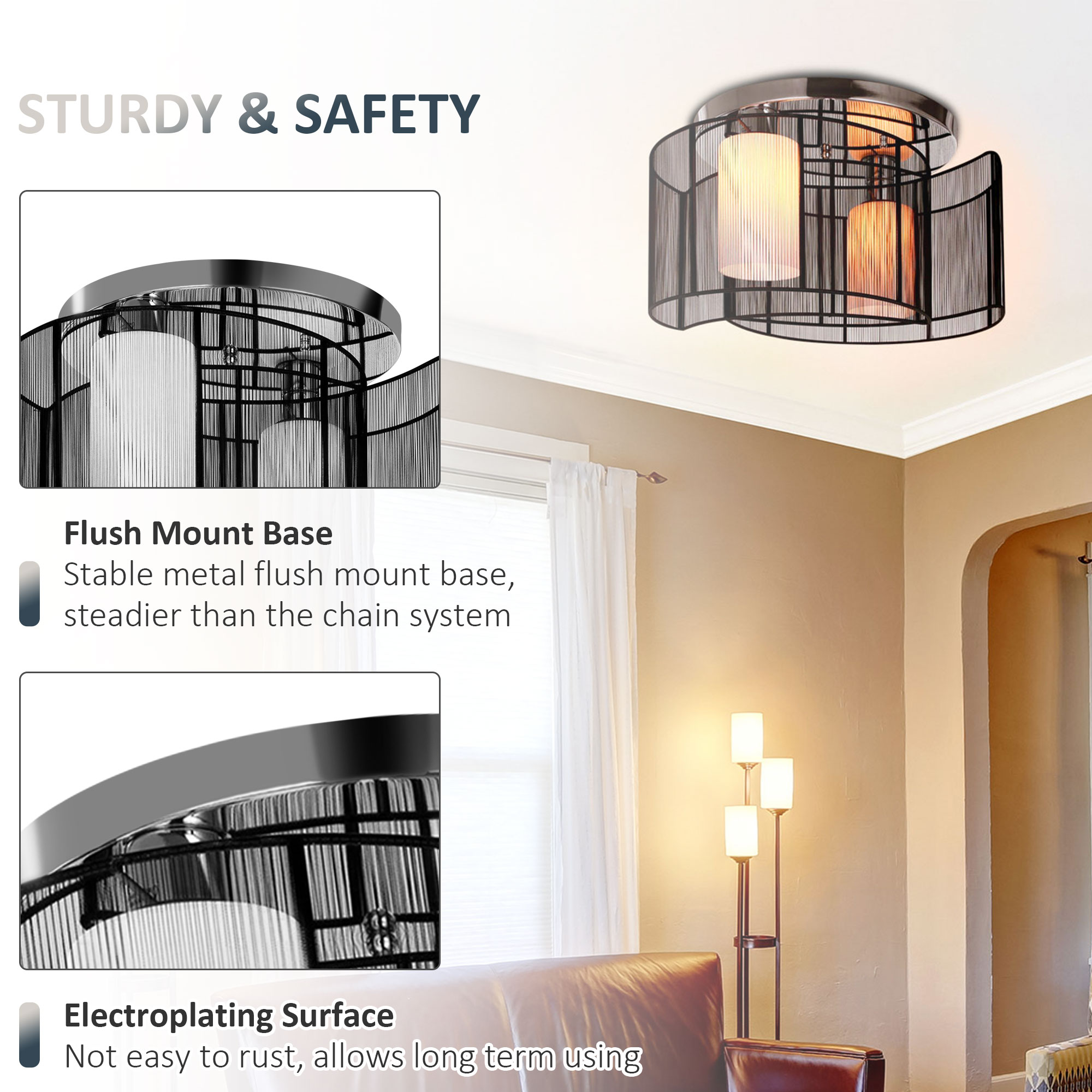 HOMCOM Modern Chandelier, Semi-Flush Mount Ceiling Light with 2 Light, E27 Bulb Base for Hallway, Dining Room, Living Room, White and Black 4