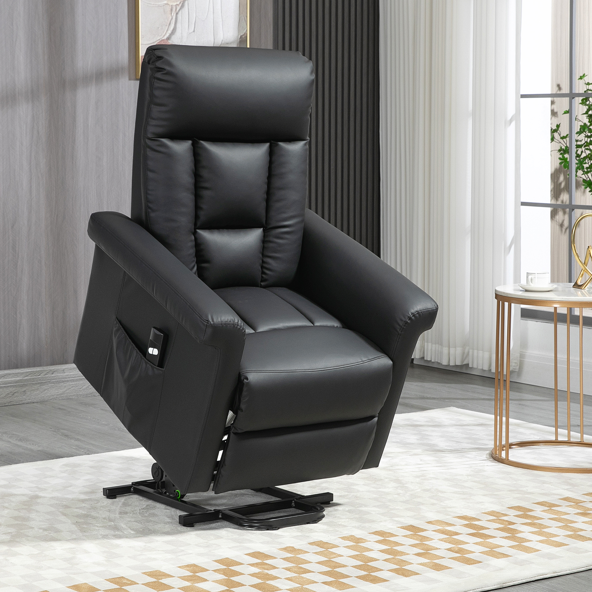 HOMCOM Power Lift Chair Armchair for the Elderly, PU Leather Recliner Chair with Extended Footrest, Remote Control and Side Pocket, Black 2