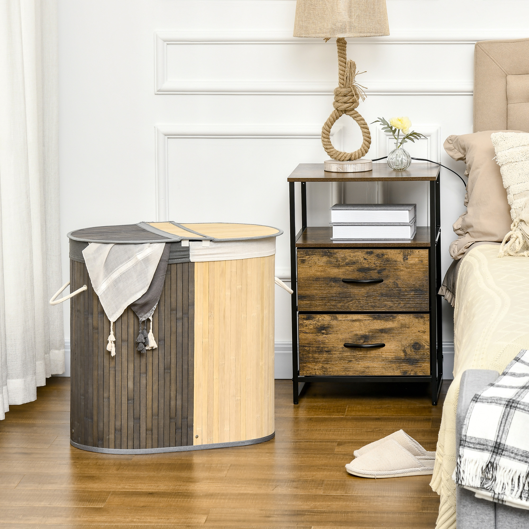 Cesto Plegable HOMCOM De 3 Compartimentos Y 129L – Bambú Y Bolsas Desmontables, Ideal Para Organizar La Colada