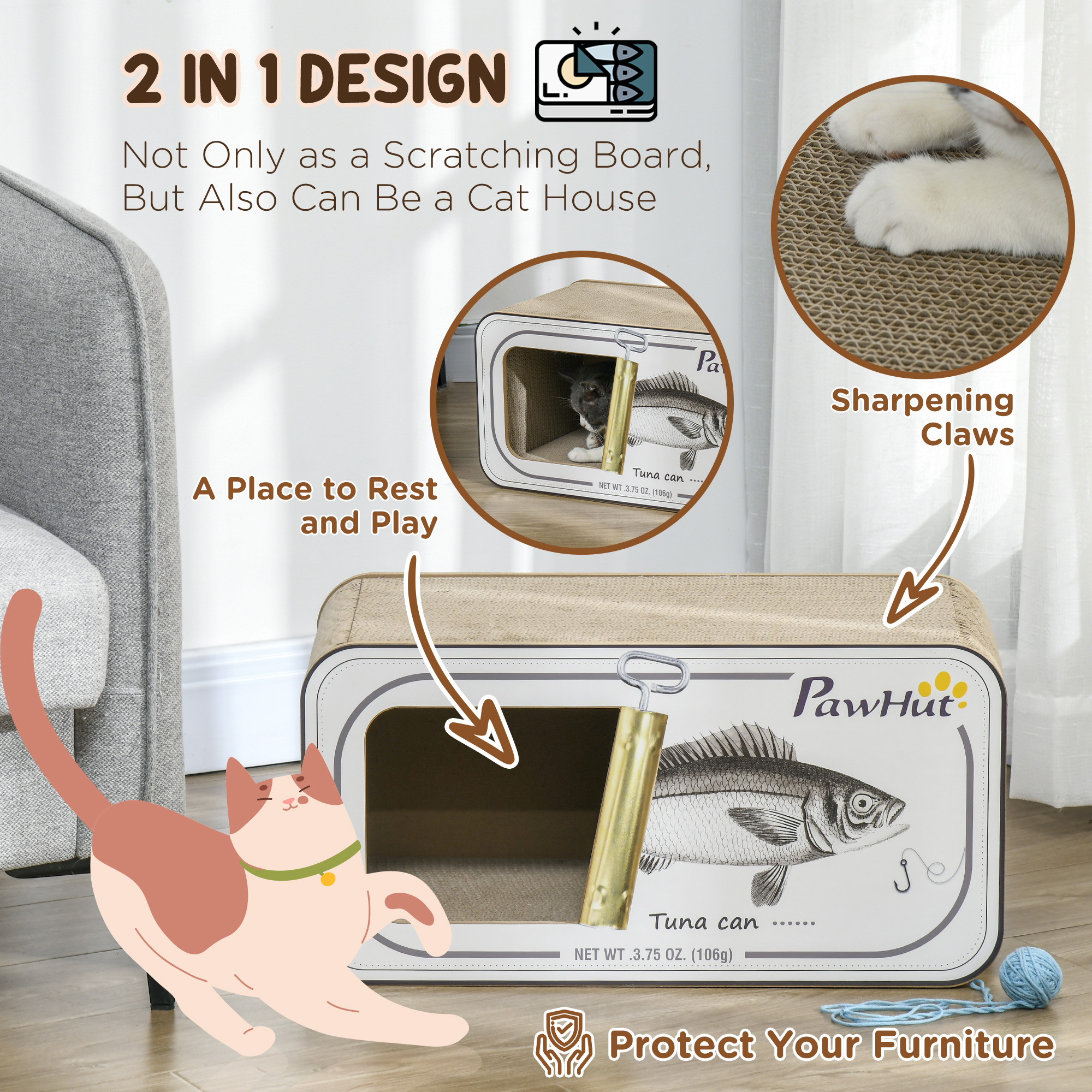 PawHut 2 in 1 Cat Scratching Board, Cardboard Cat House with Catnip, Canned Tuna Design 6